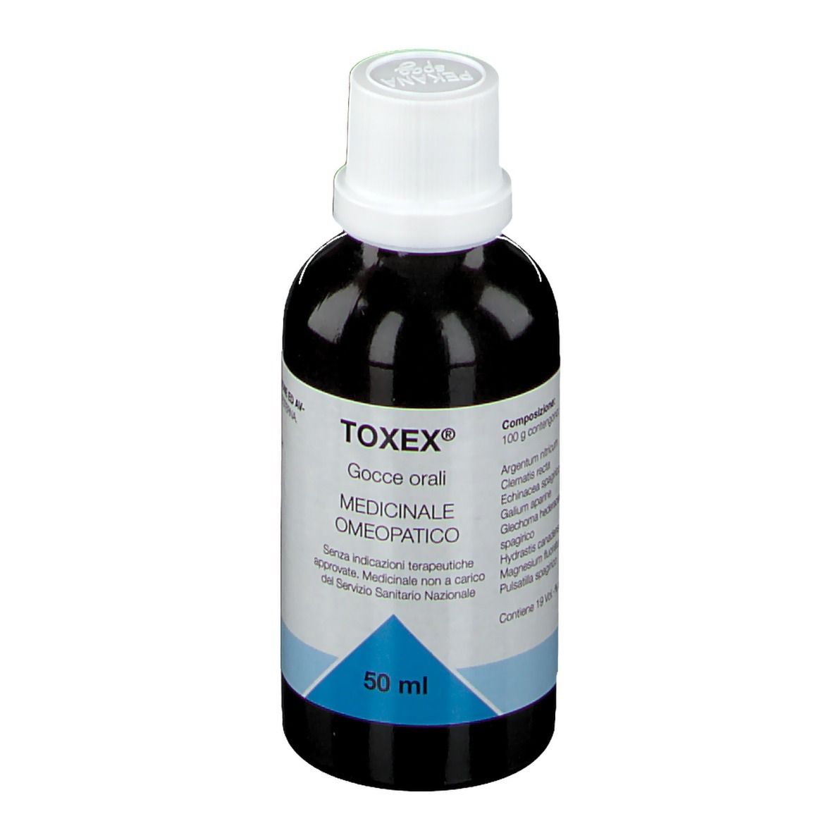 Flacone di vetro marrone con tappo bianco. Scritta: TOXEX, Gocce orali, Medicinale omeopatico. 50 ml. Etichetta.