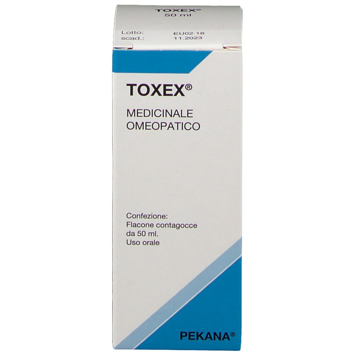 Confezione bianca con accenti blu. Scritta: TOXEX, Medicinale omeopatico. Logo PEKANA. 50 ml.