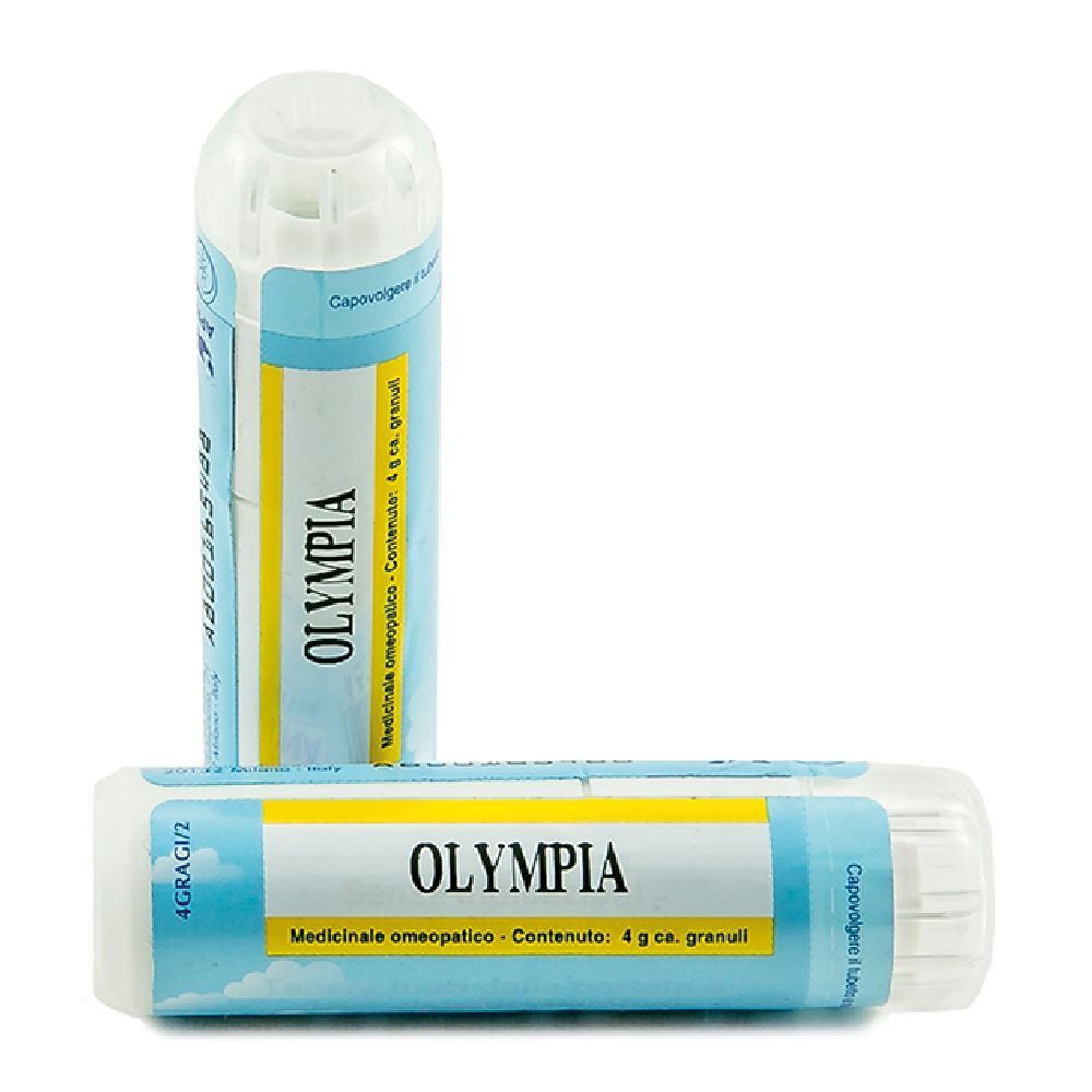 Due flaconi cilindrici con etichetta blu e bianca. Scritta: OLYMPIA. Granuli omeopatici.