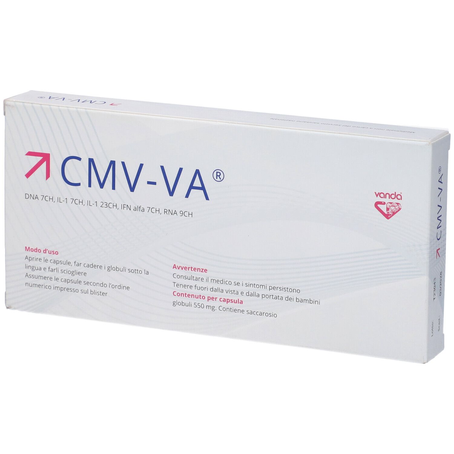 Scatola bianca con logo "CMV-VA" e testo. Contiene 60 capsule. Marchio: Vanda. Informazioni aggiuntive.