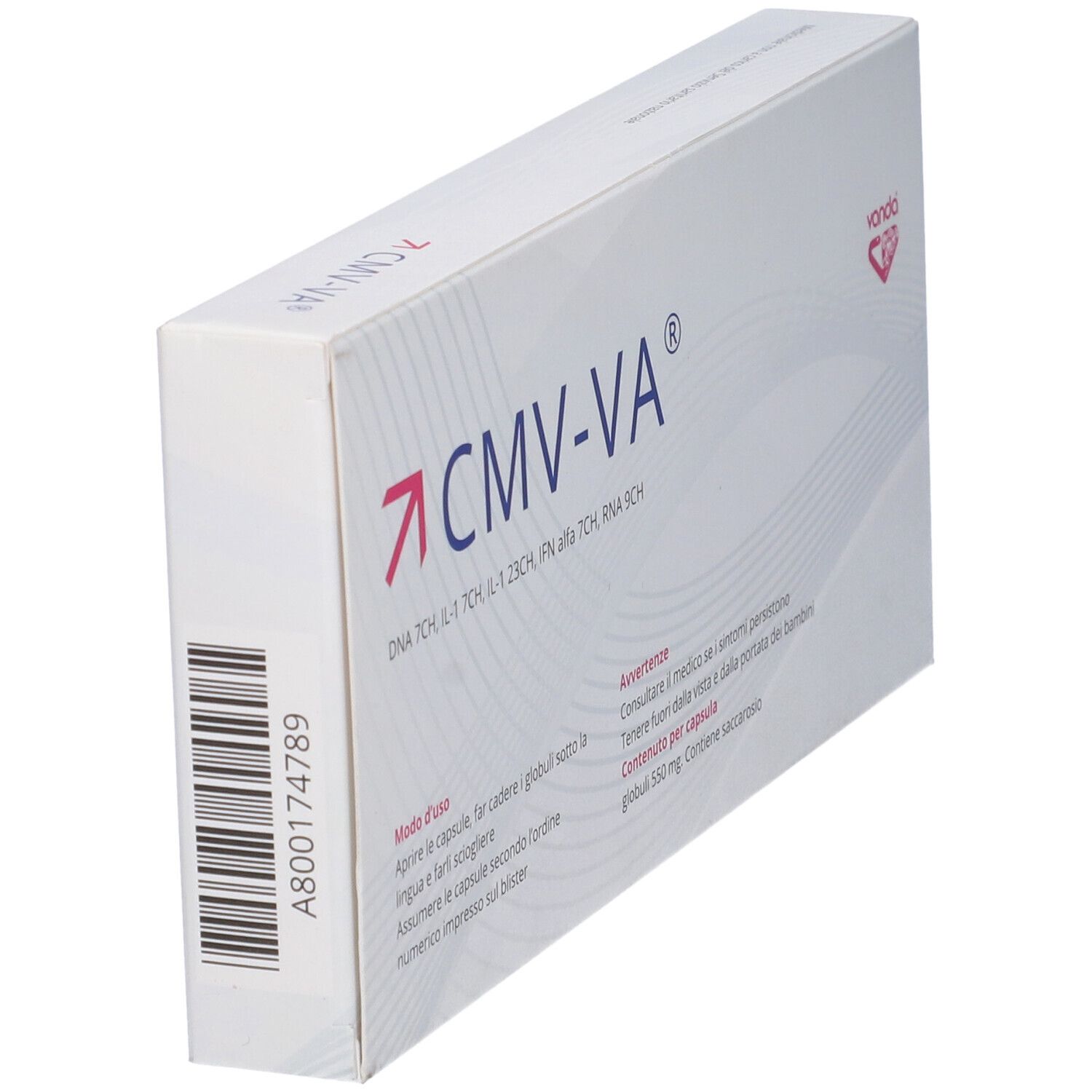 Scatola bianca inclinata con logo "CMV-VA". Contiene 60 capsule. Marchio: Vanda. Codice a barre e testo.