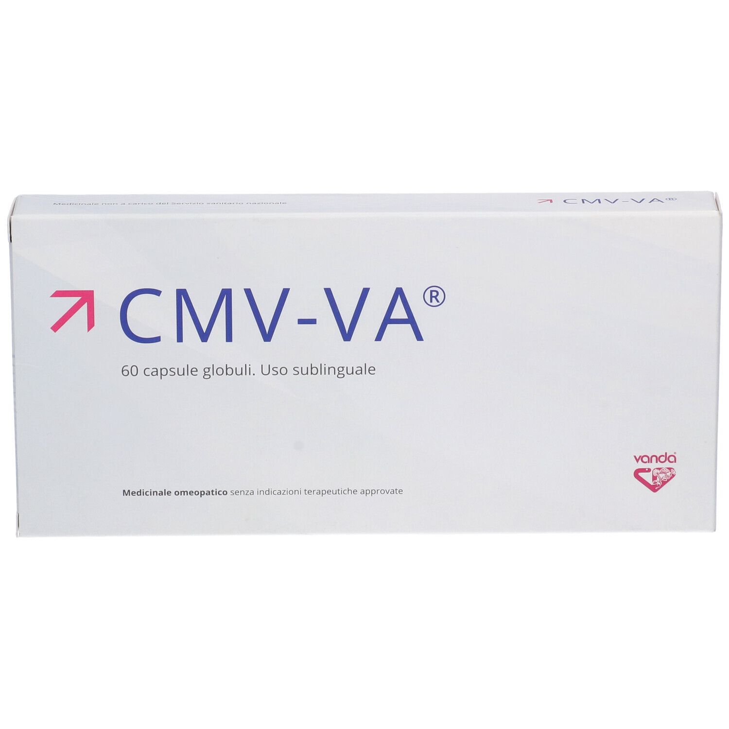 Scatola bianca con logo "CMV-VA" e testo. Contiene 60 capsule. Marchio: Vanda. Indicazioni mediche.