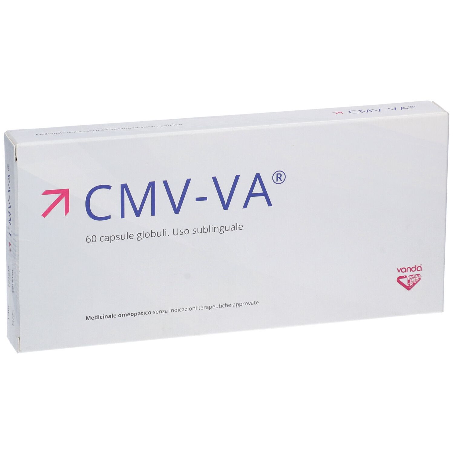 Scatola bianca con logo "CMV-VA" e testo. Contiene 60 capsule. Marchio: Vanda. Indicazioni mediche.