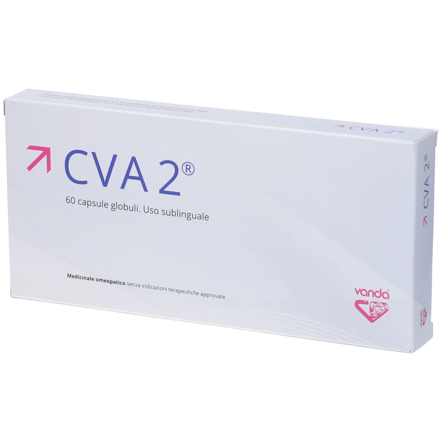 Scatola bianca con "CVA 2" e "60 capsule". Marchio "Vanda".