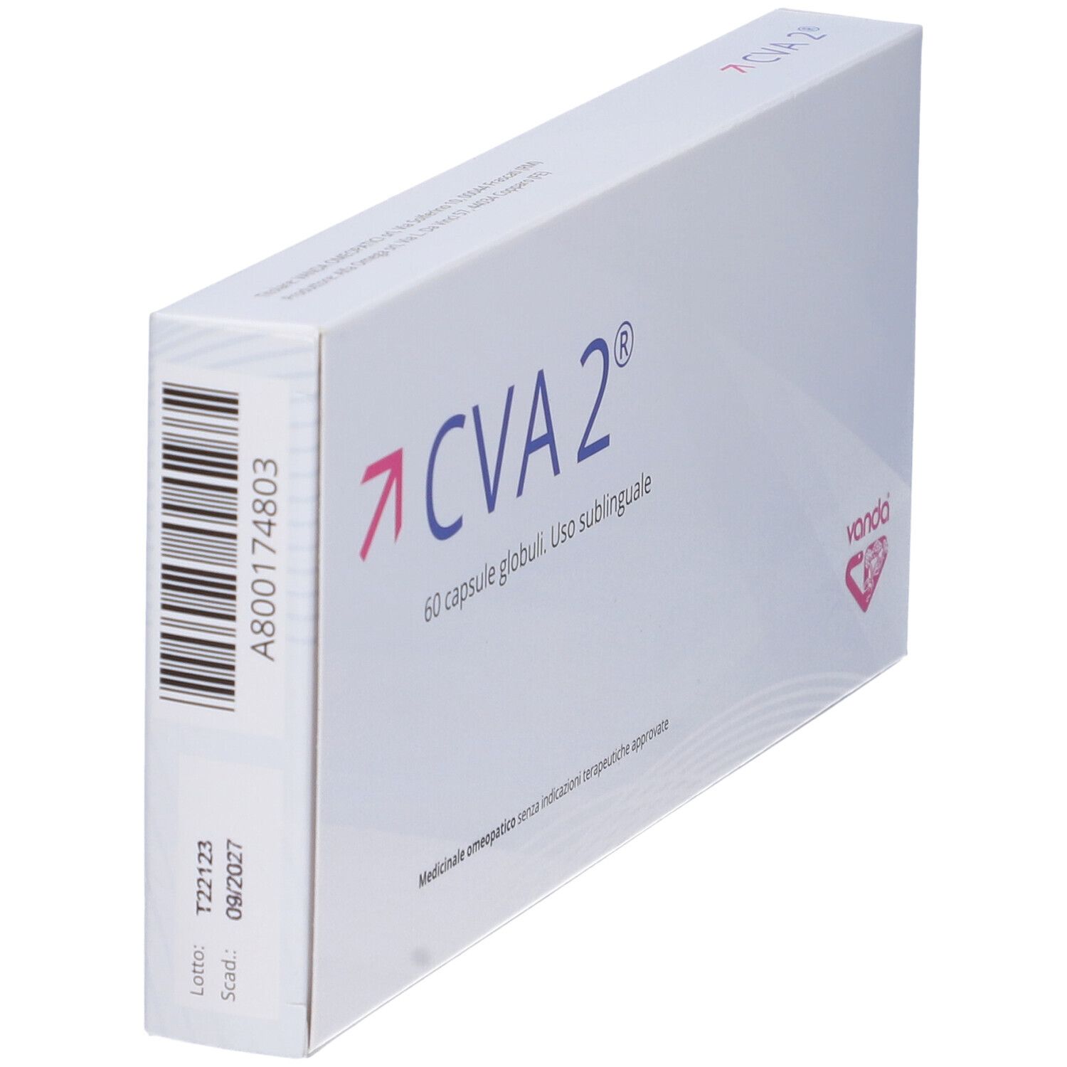 Scatola bianca con "CVA 2" e "60 capsule". Marchio "Vanda".