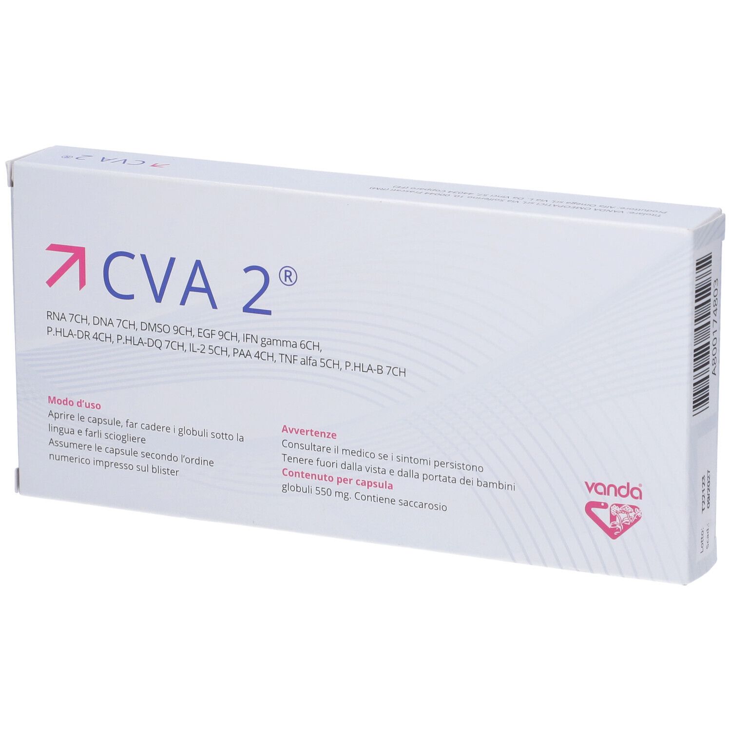 Scatola bianca con "CVA 2", informazioni e marchio "Vanda".