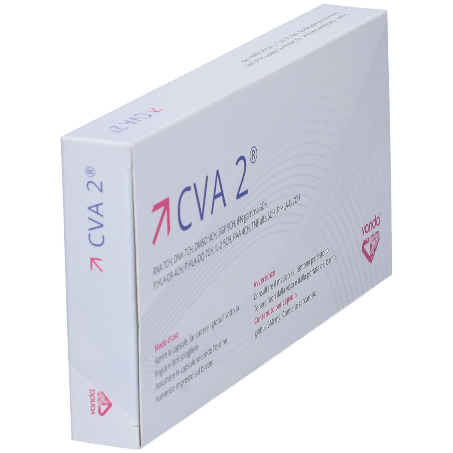 Scatola bianca con "CVA 2", informazioni e marchio "Vanda".