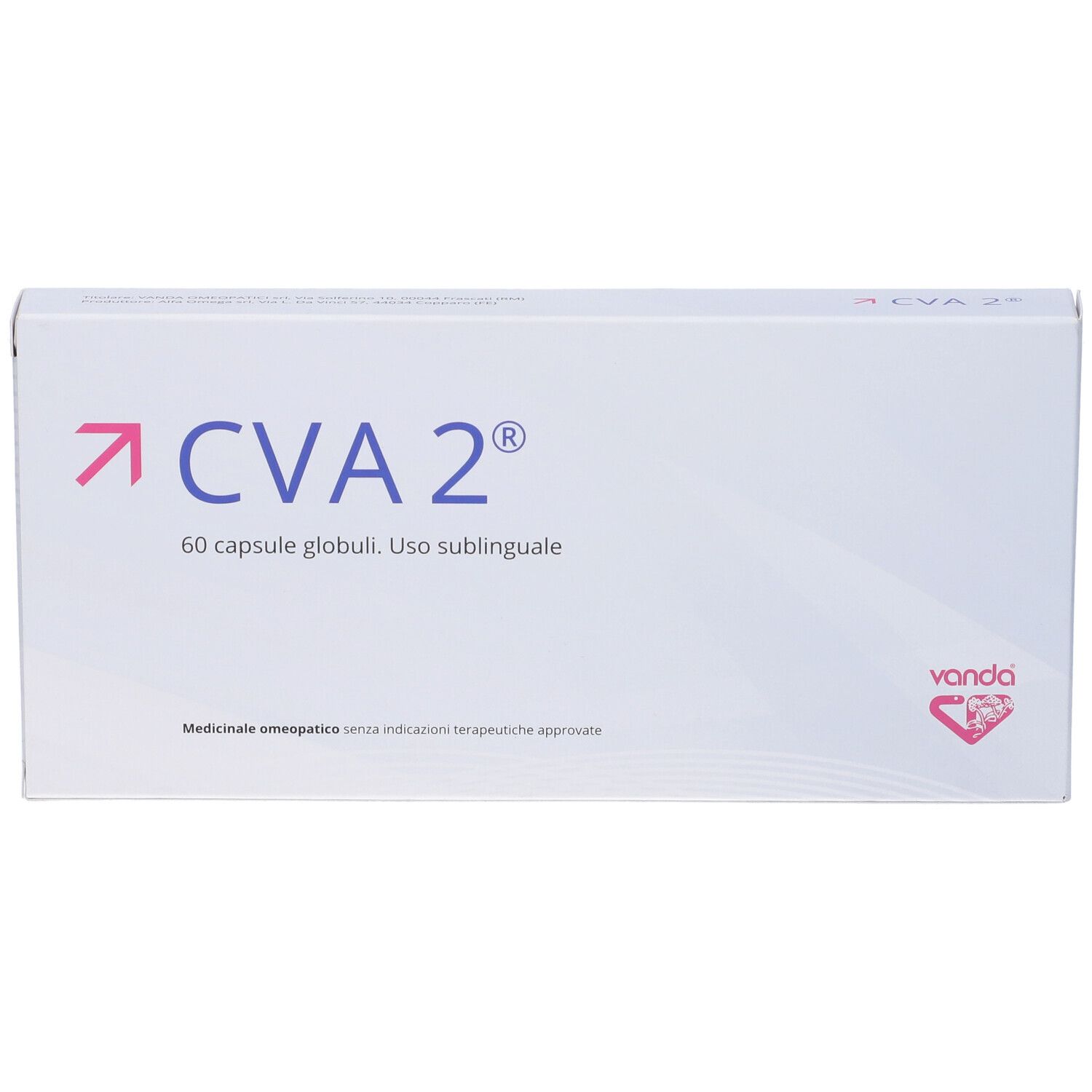 Scatola bianca con "CVA 2" e "60 capsule". Marchio "Vanda".