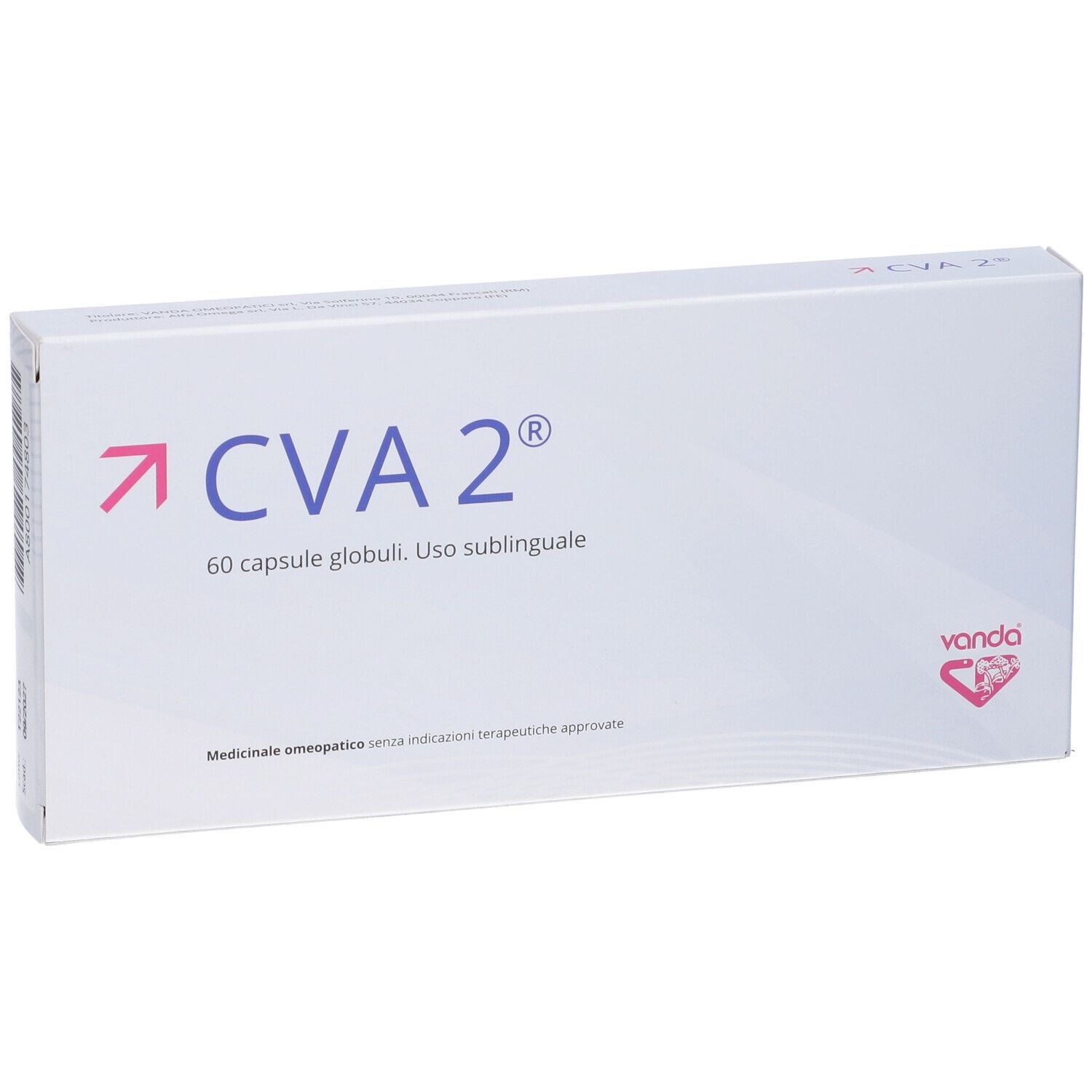 Scatola bianca con "CVA 2" e "60 capsule". Marchio "Vanda".