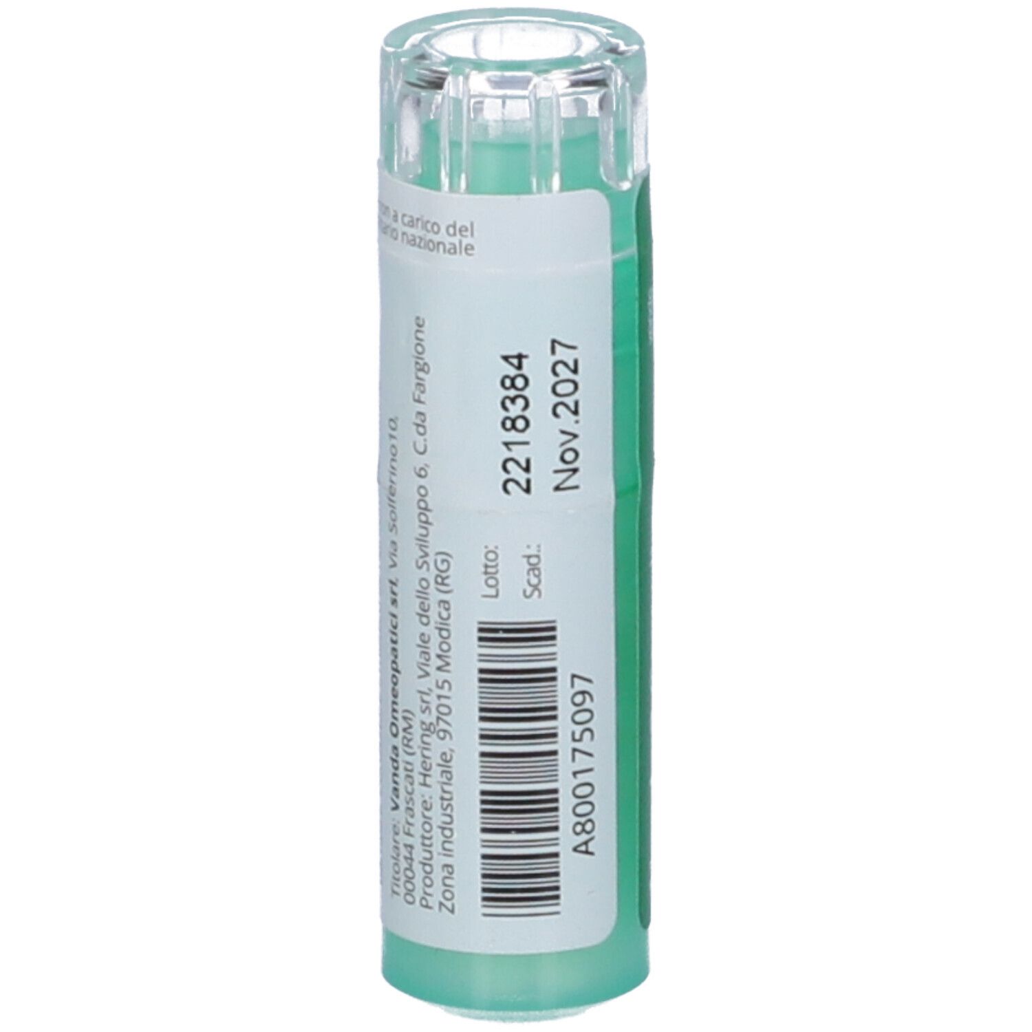 Confezione cilindrica verde con etichetta bianca. Scritto: 2218384, Nov 2027. Codice a barre.