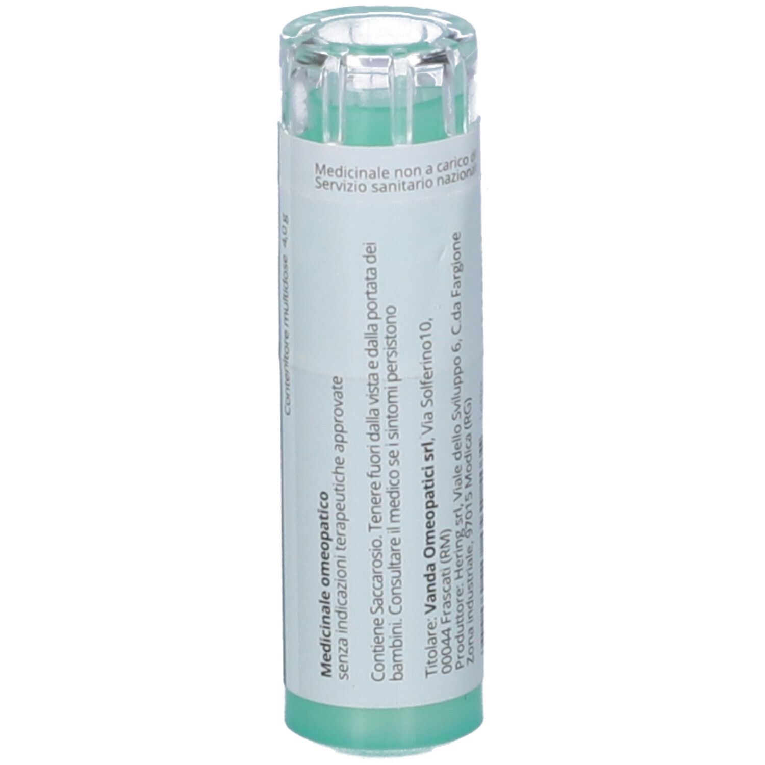 Confezione cilindrica verde con etichetta bianca. Testo: Medicinale omeopatico. Contiene saccarosio.
