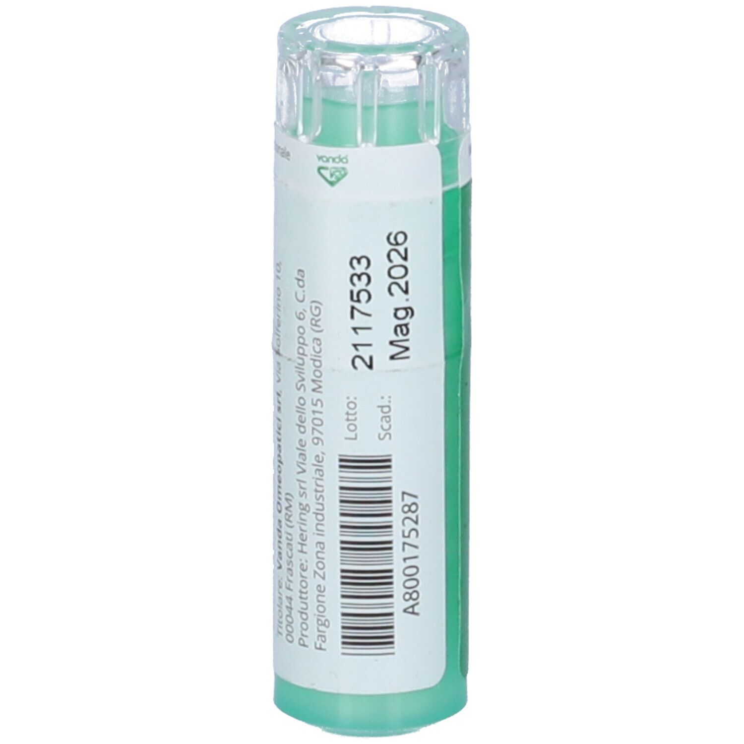 Confezione cilindrica con etichetta verde. Scritta: Vanda. Codice a barre e numero di lotto. Tappo trasparente.