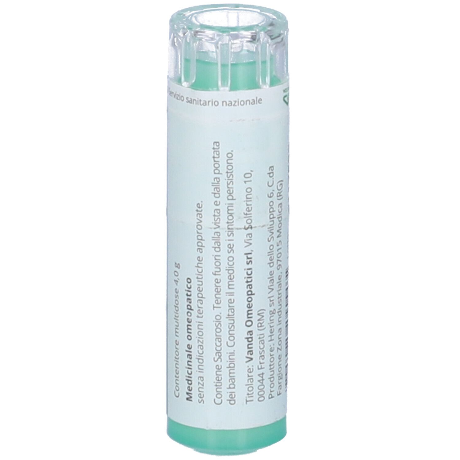 Confezione cilindrica con etichetta verde. Scritta: Vanda. Contenuto 4,0g. Tappo trasparente. Prodotto medico.