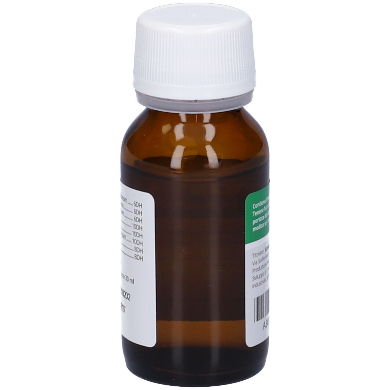 Flacone di vetro marrone con tappo bianco. Etichetta posteriore. Testo: Ingredienti e informazioni del produttore.