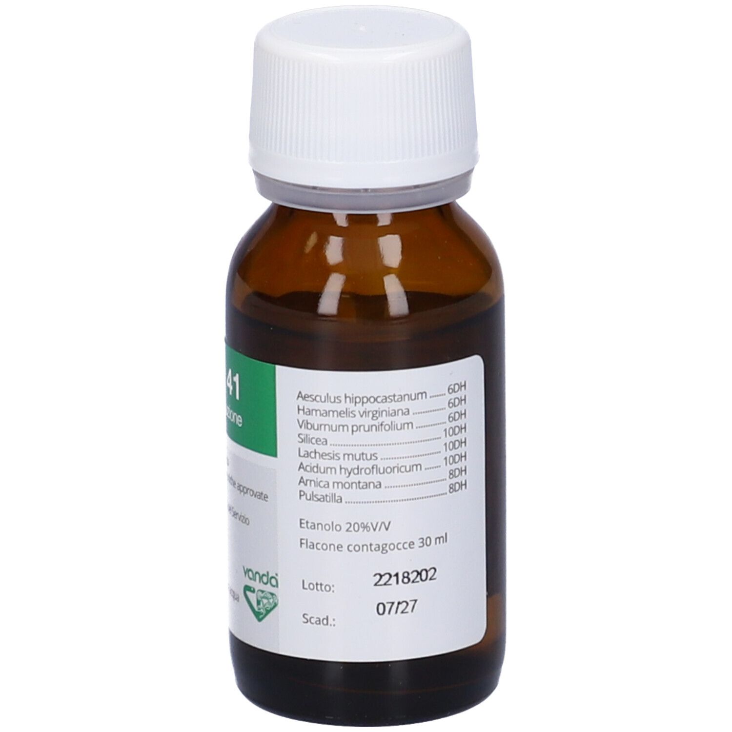 Flacone di vetro marrone con tappo bianco. Etichetta posteriore. Testo: Ingredienti, numero di lotto e data di scadenza.