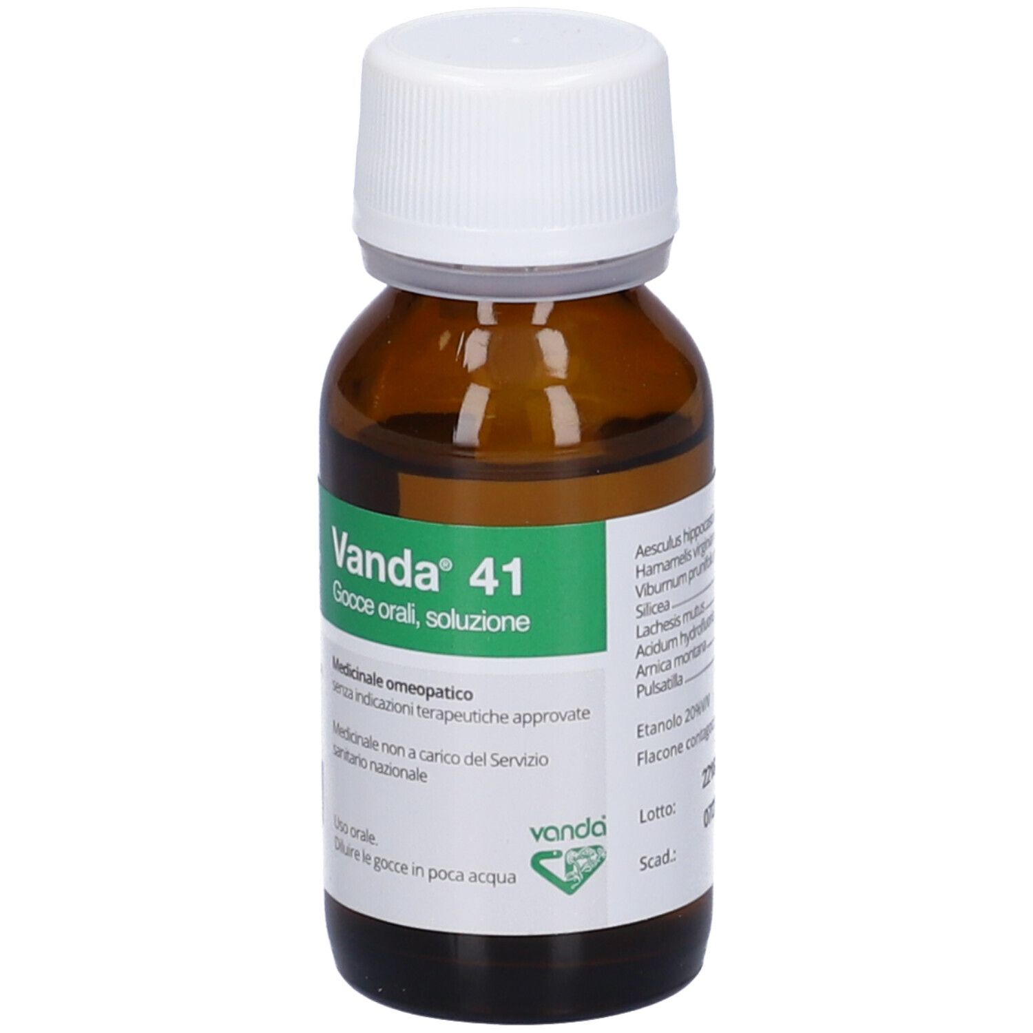 Flacone di vetro marrone con tappo bianco. Etichetta verde con testo: Vanda 41 Gocce orali, soluzione. Gocce.