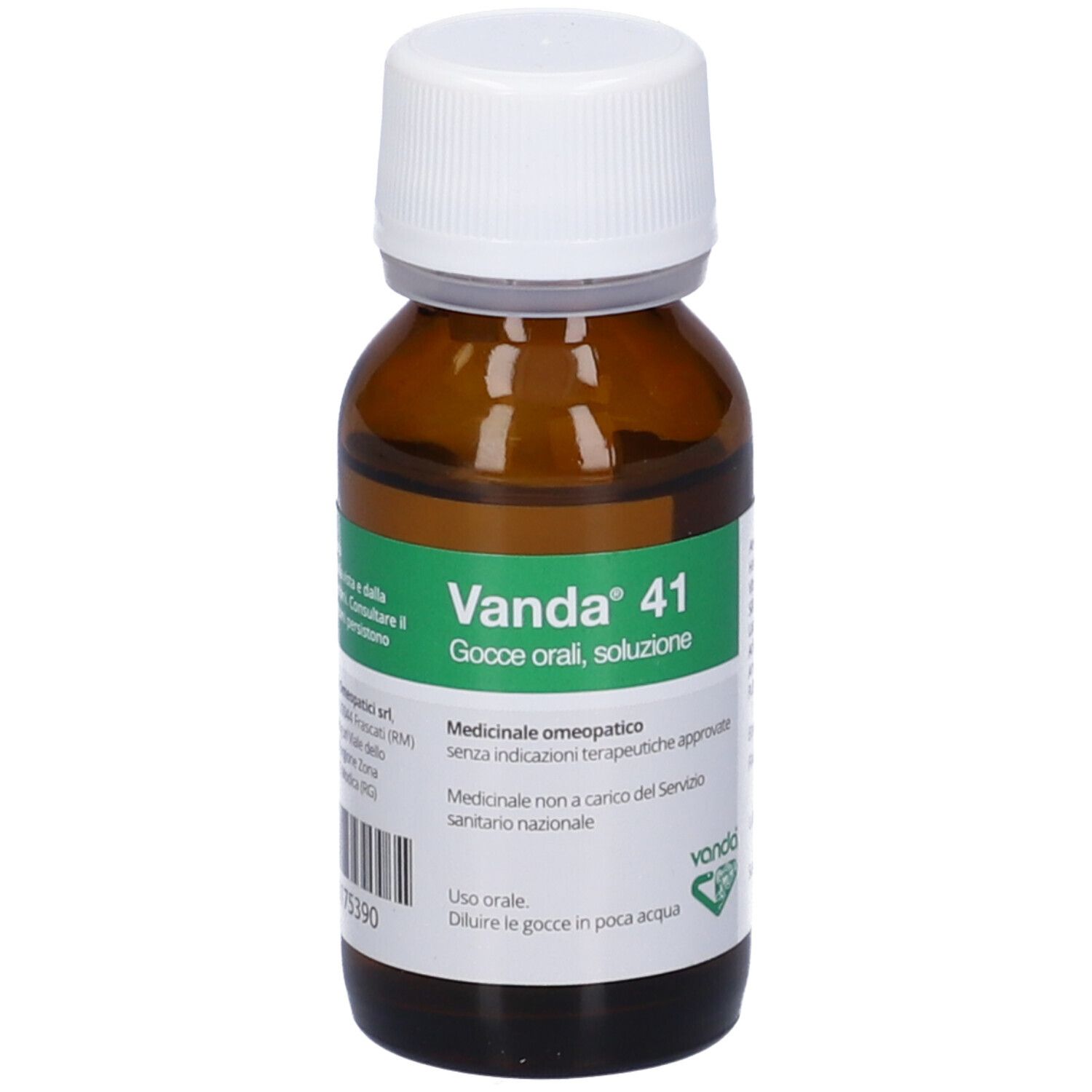 Flacone di vetro marrone con tappo bianco. Etichetta verde con testo: Vanda 41 Gocce orali, soluzione. Gocce.