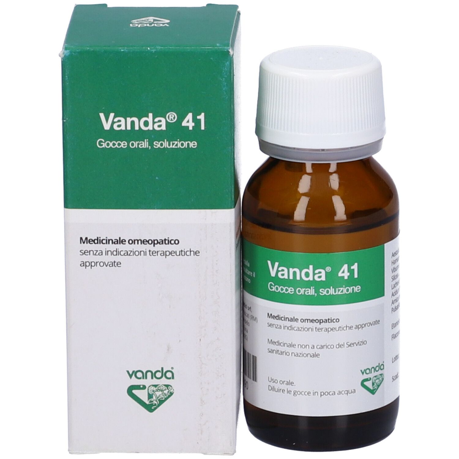 Flacone di vetro marrone con tappo bianco accanto a una scatola verde. Sulla scatola: Vanda 41 Gocce orali, soluzione.