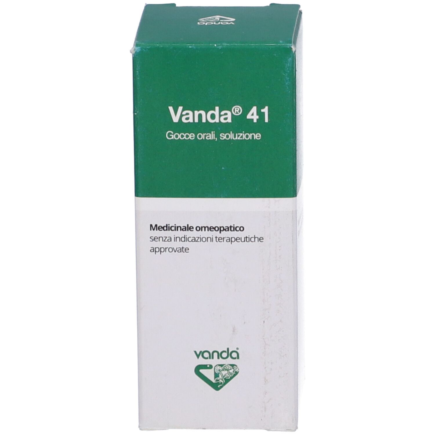 Scatola verde con testo bianco: Vanda 41 Gocce orali, soluzione. Logo e informazioni del produttore.