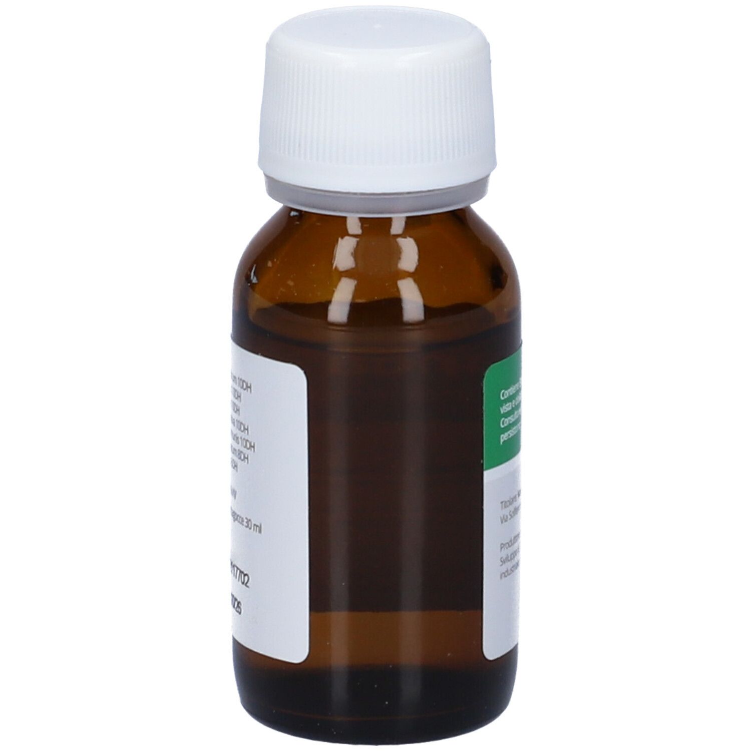 Flacone di vetro marrone con tappo bianco. Etichetta con testo. Vanda 52 Gocce Orali, soluzione. Flacone da 30 ml.