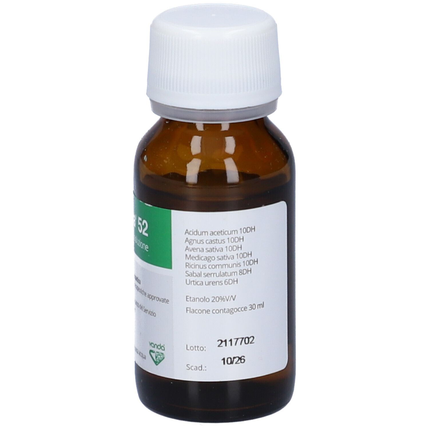 Flacone di vetro marrone con tappo bianco. Etichetta con ingredienti e testo. Vanda 52 Gocce Orali, soluzione.