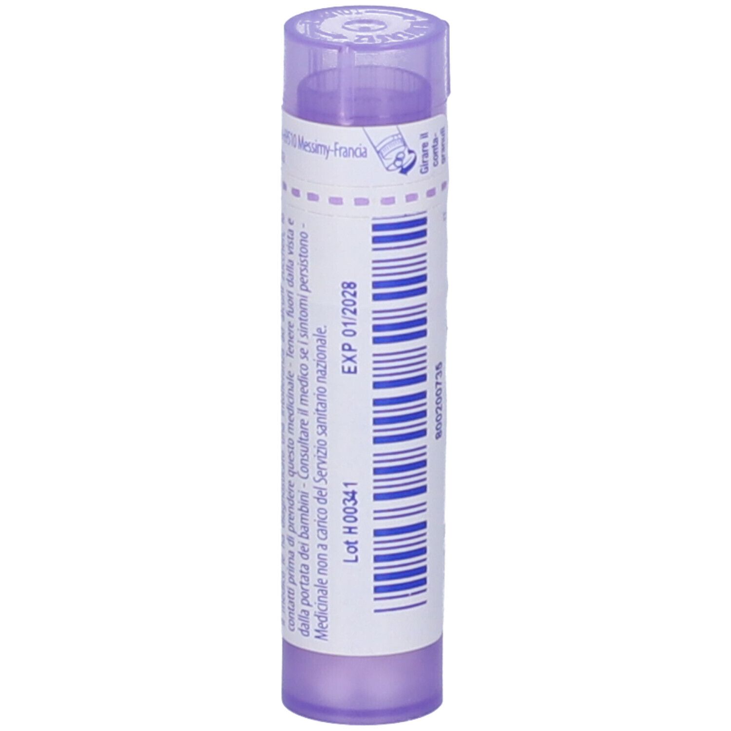 Confezione cilindrica viola con etichetta bianca. Scritta: EXP 01/2028. Codice a barre e altre informazioni.