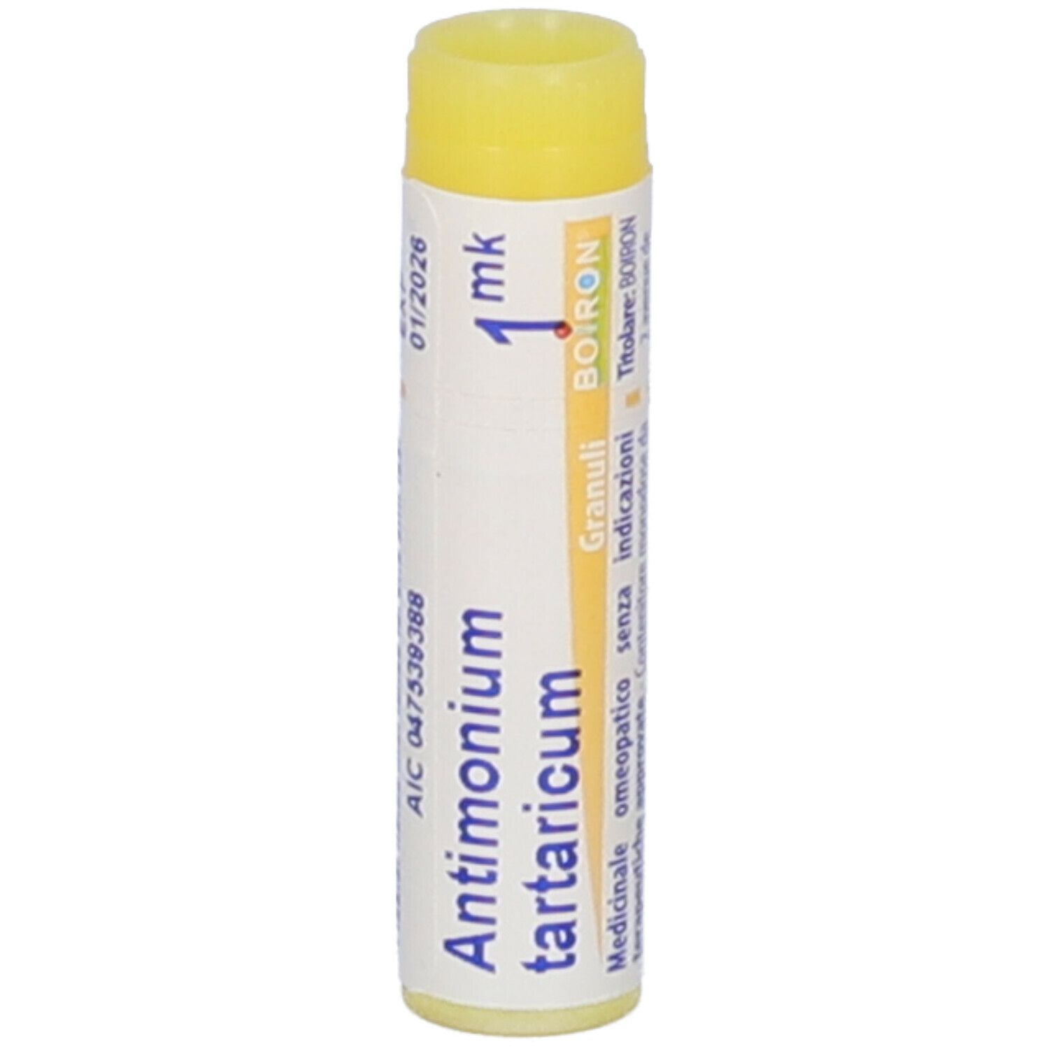 Confezione cilindrica con tappo giallo. Scritta: Antimonium tartaricum, 1 mk, Boiron, 01/2026.