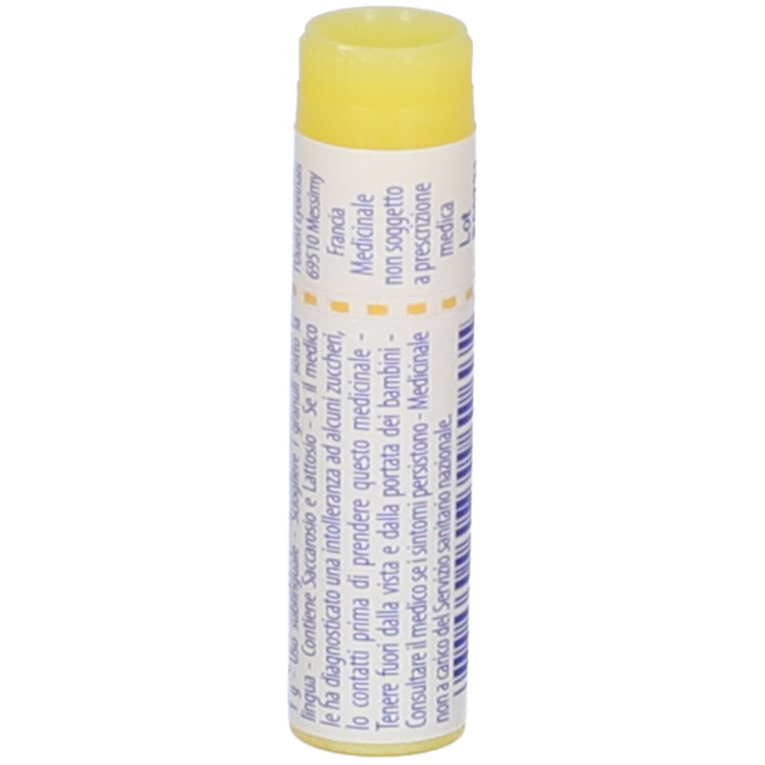 Confezione cilindrica con tappo giallo. Scritta: Aviaire, 1 mk, 04/2027, Boiron.