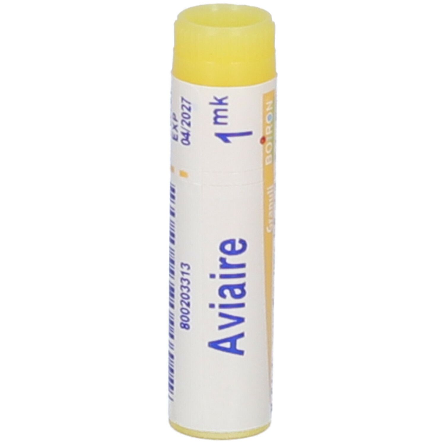 Confezione cilindrica con tappo giallo. Scritta: Aviaire, 1 mk, 04/2027, Boiron.
