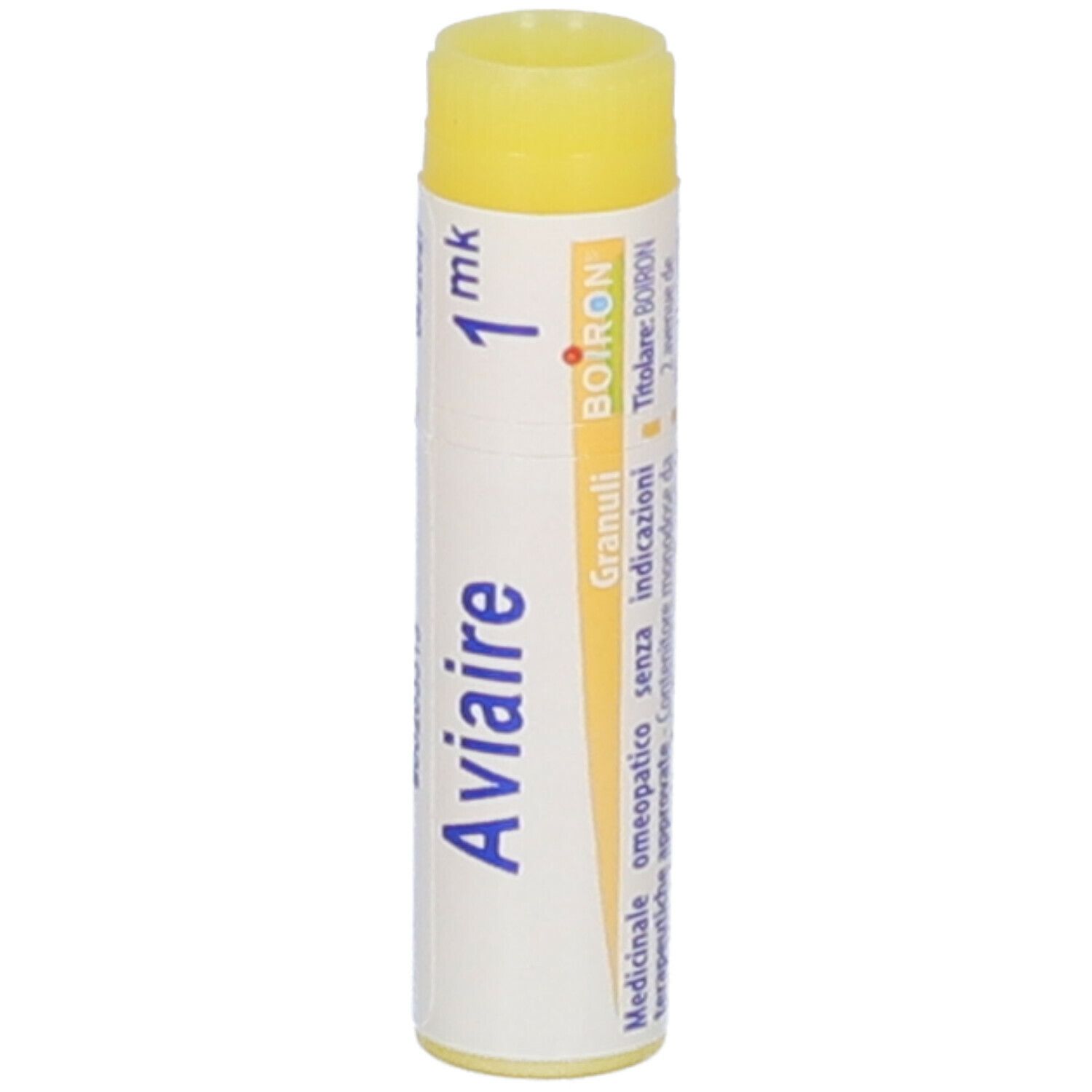 Confezione cilindrica con tappo giallo. Scritta: Aviaire, 1 mk, 04/2027, Boiron.