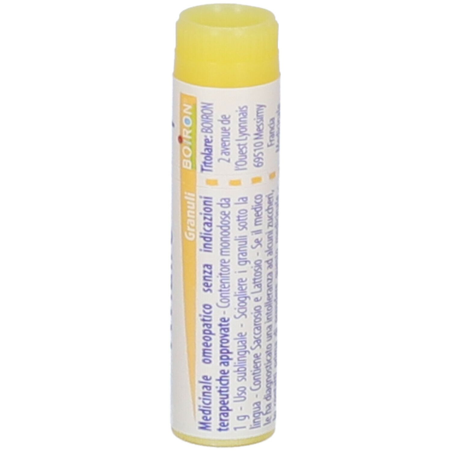 Confezione cilindrica con tappo giallo. Scritta: Aviaire, 1 mk, Boiron, Granuli.