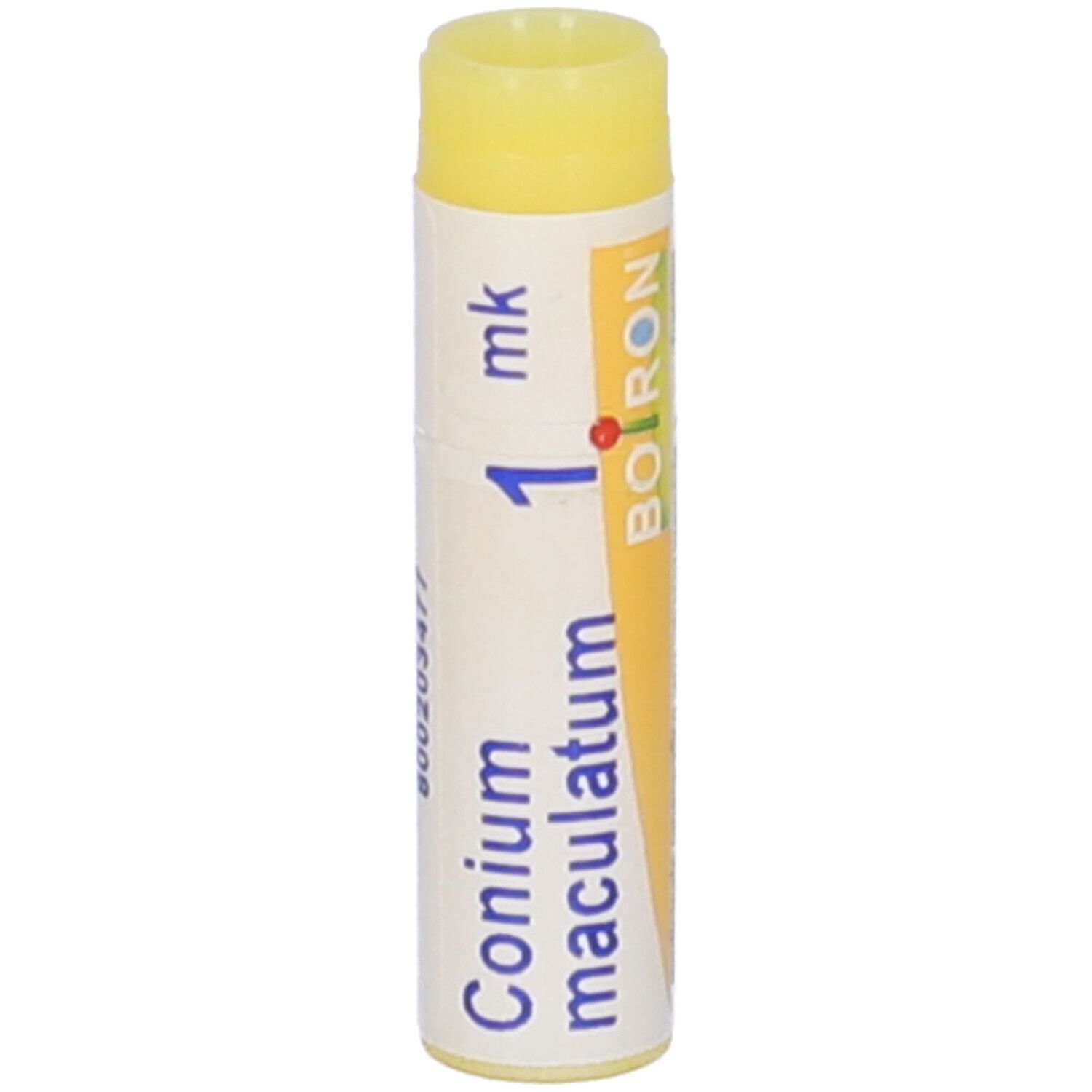 Confezione cilindrica con tappo giallo. Scritta: Conium maculatum, 1 mk, Boiron.