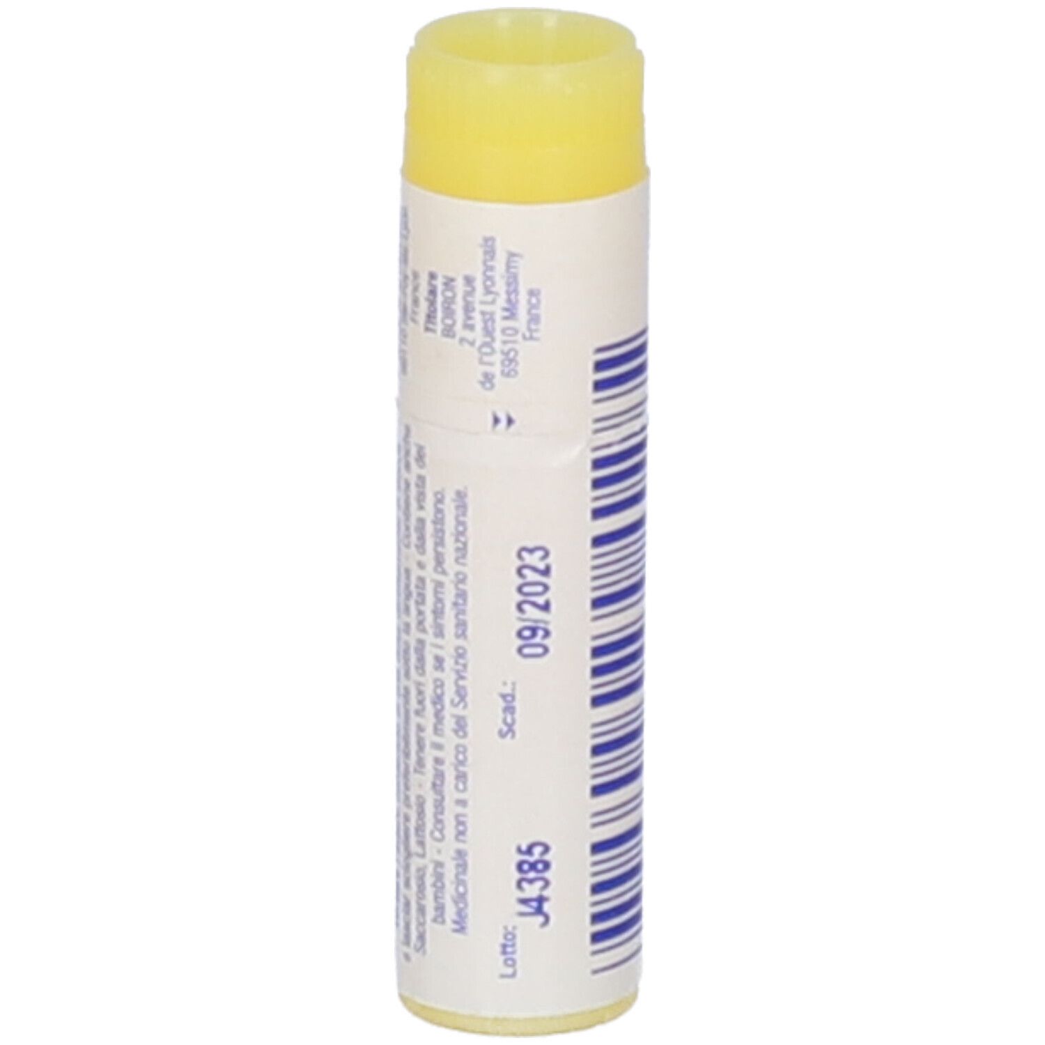 Confezione cilindrica con tappo giallo. Scritta: Conium maculatum, 09/2023, J4385.