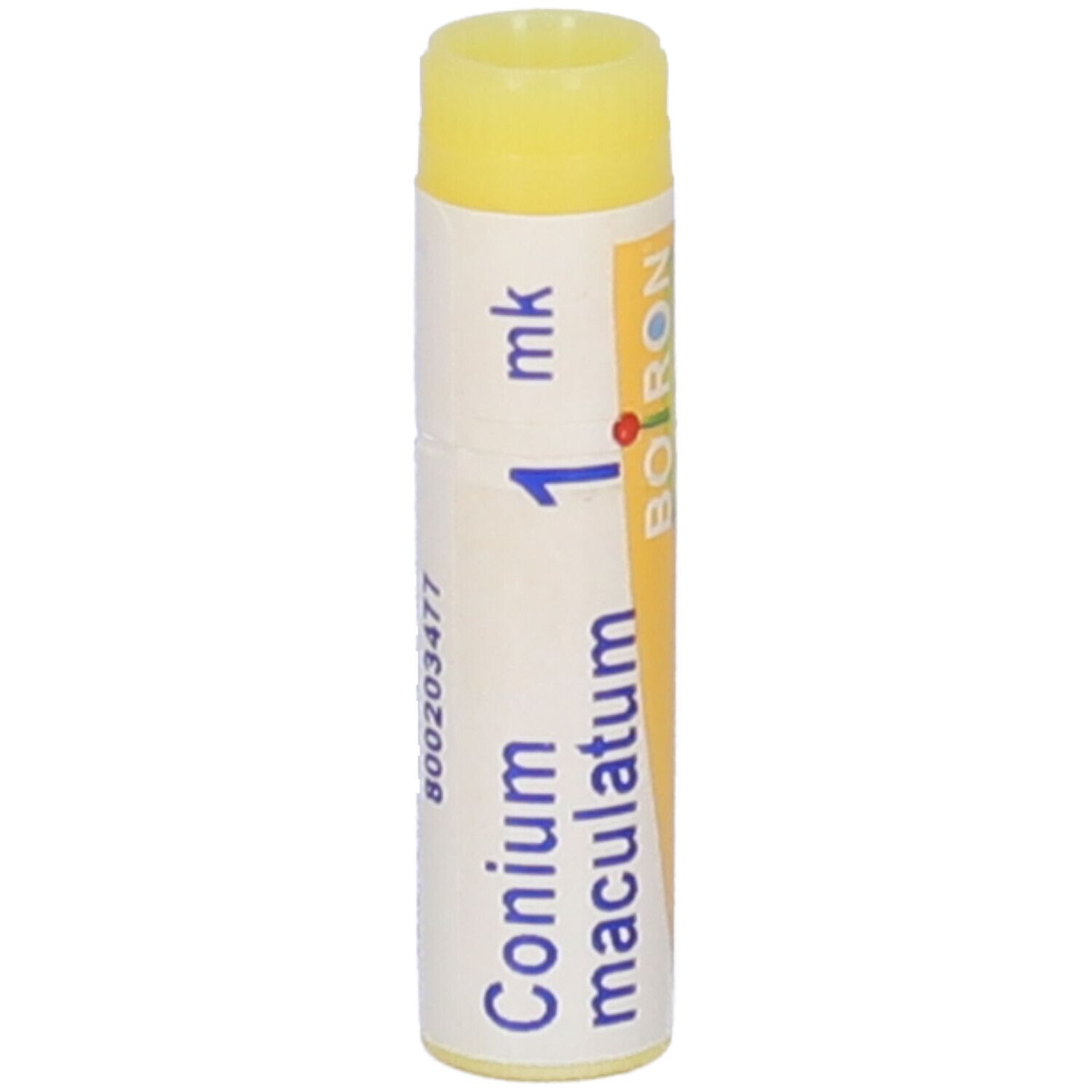 Confezione cilindrica con tappo giallo. Scritta: Conium maculatum, 1 mk, Boiron.