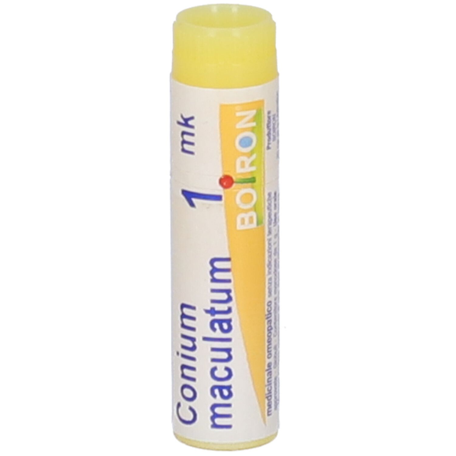Confezione cilindrica con tappo giallo. Scritta: Conium maculatum, 1 mk, Boiron.