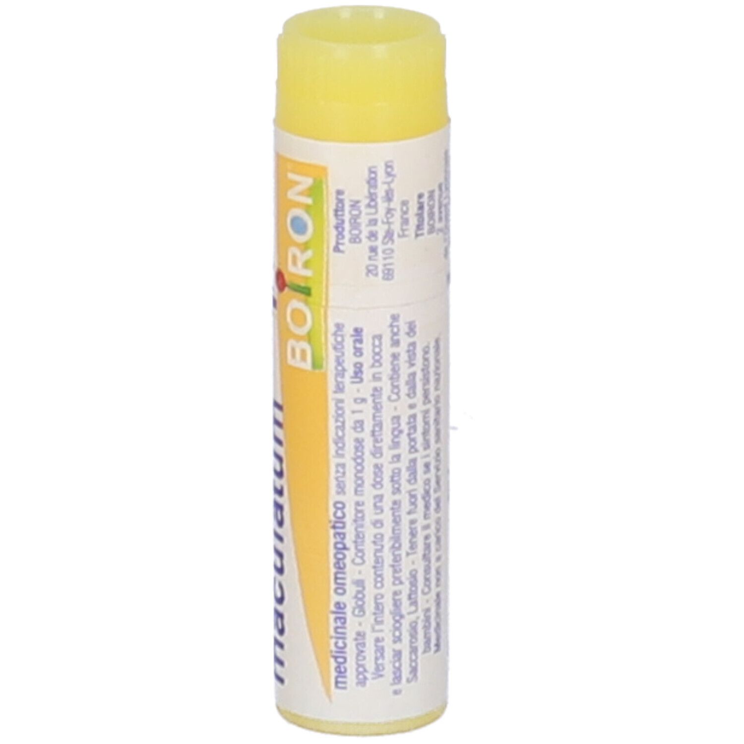 Confezione cilindrica con tappo giallo. Scritta: Conium maculatum, Boiron, medicinale.