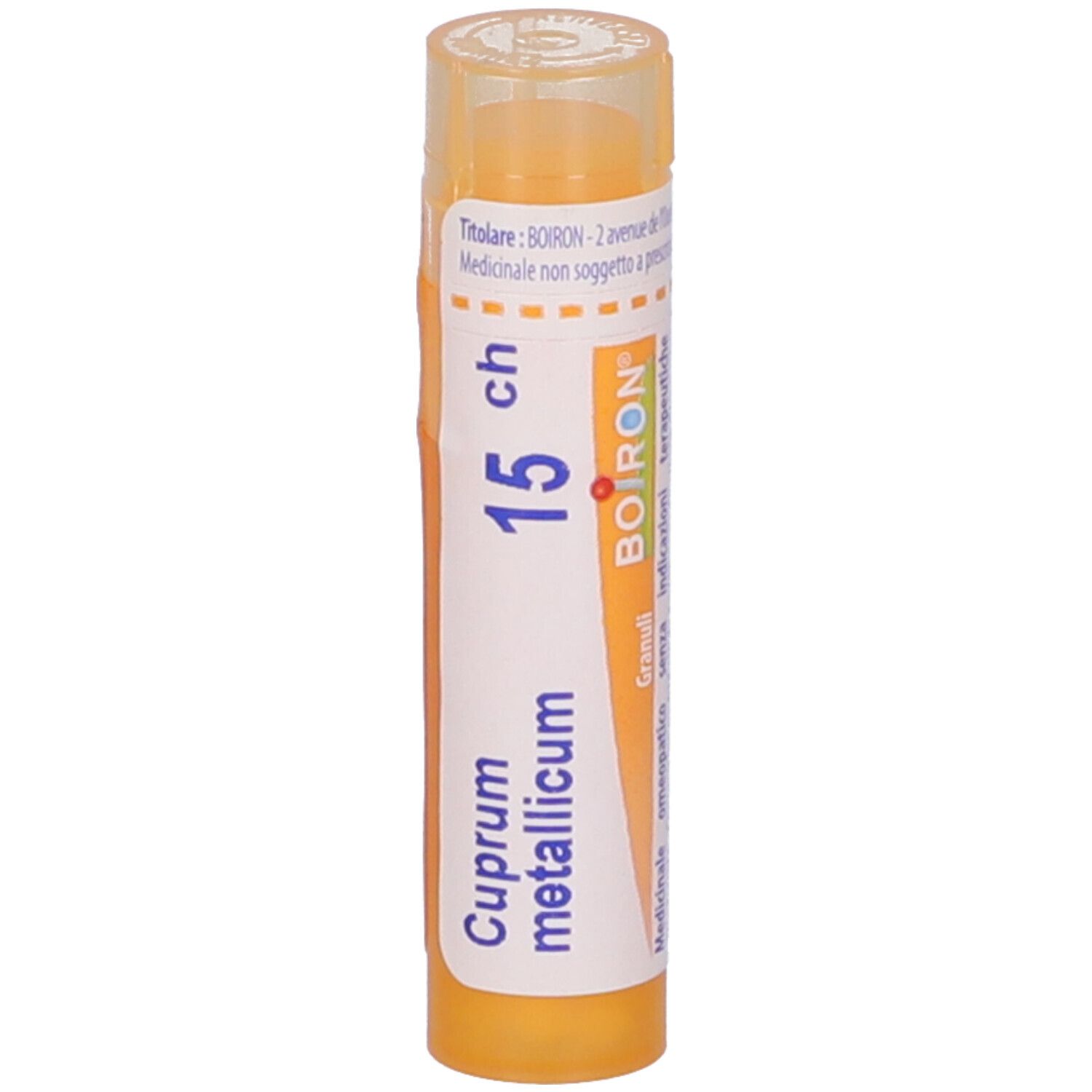 Confezione cilindrica, tappo giallo. Scritta: Cuprum metallicum 15 ch, BOIRON, Granuli. Vista verticale.