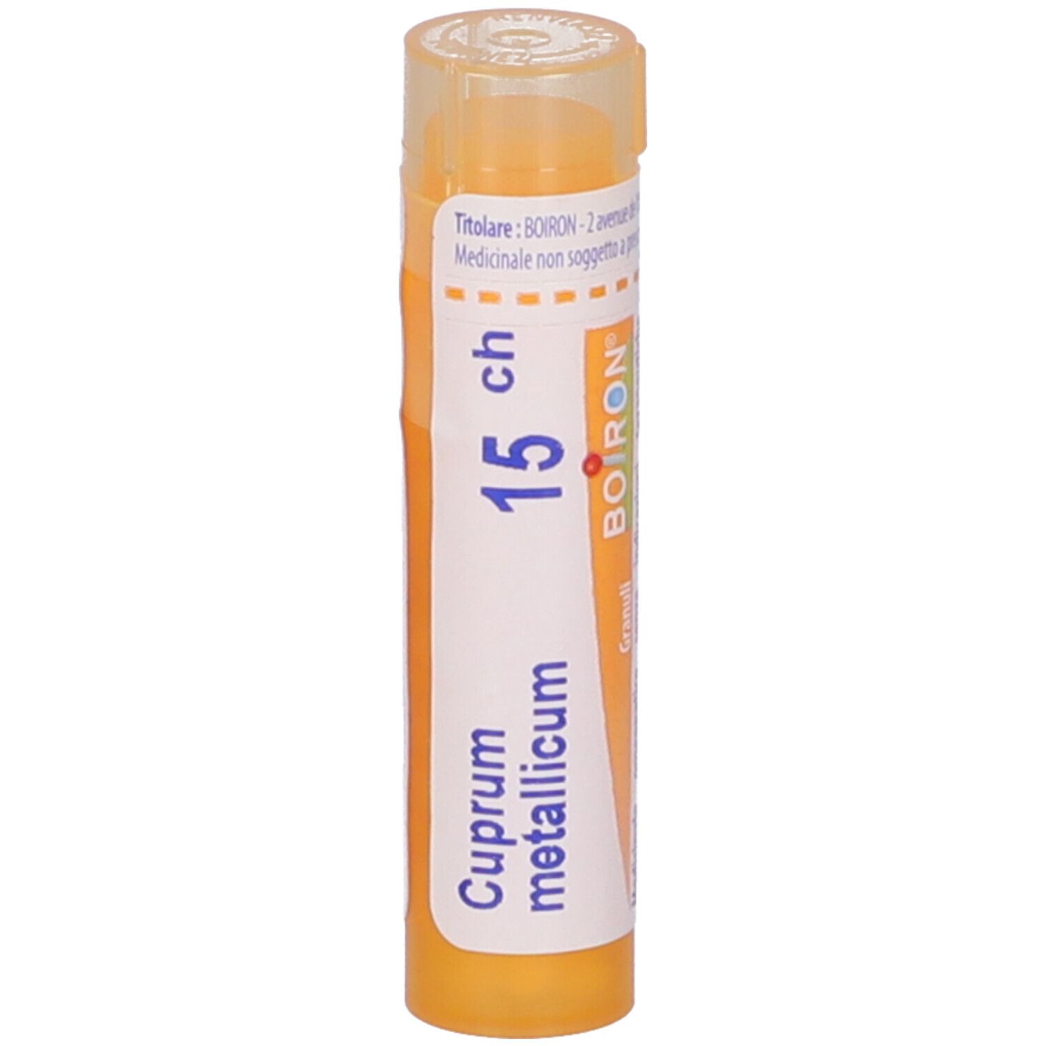 Confezione cilindrica, tappo giallo. Scritta: Cuprum metallicum 15 ch, BOIRON, Granuli. Vista verticale.