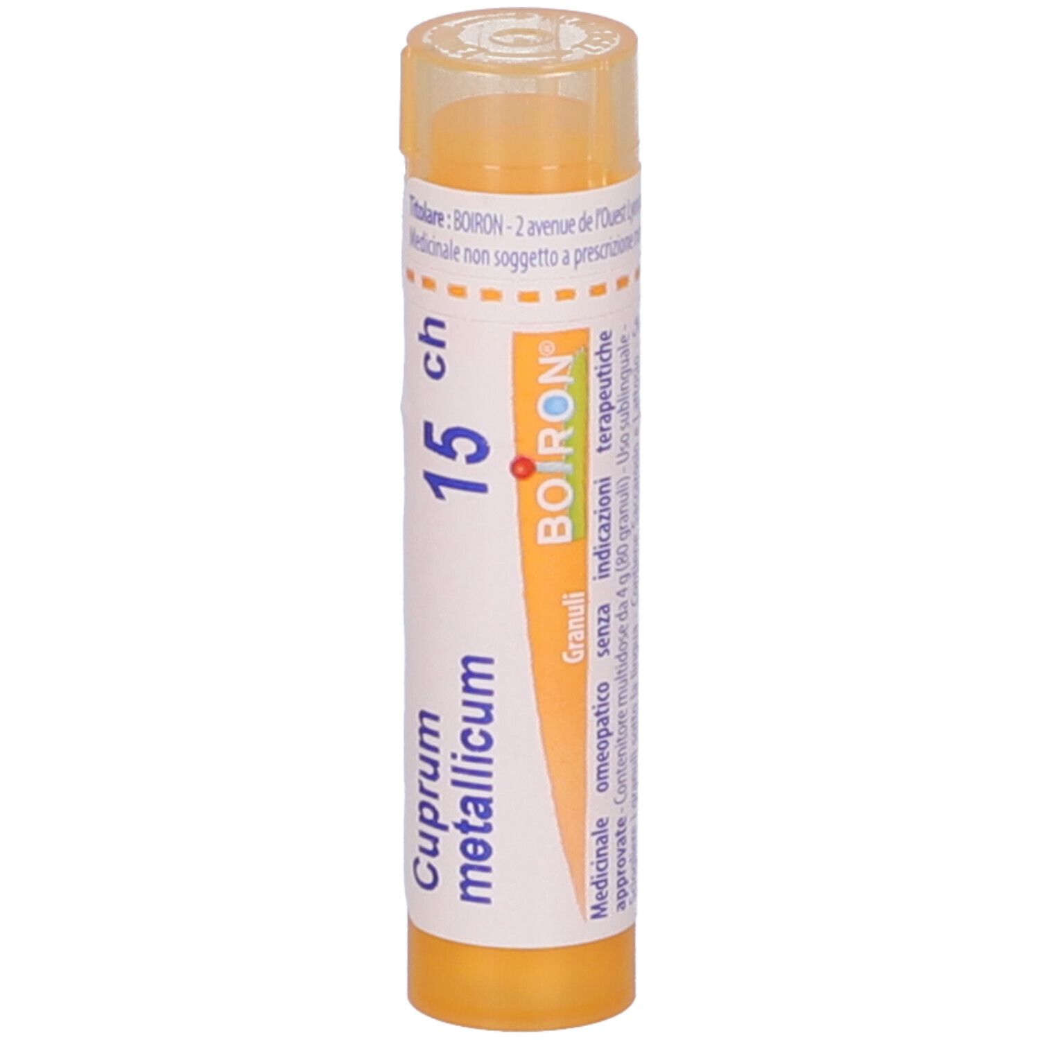 Confezione cilindrica, tappo giallo. Scritta: Cuprum metallicum 15 ch, BOIRON, Granuli. Vista verticale.