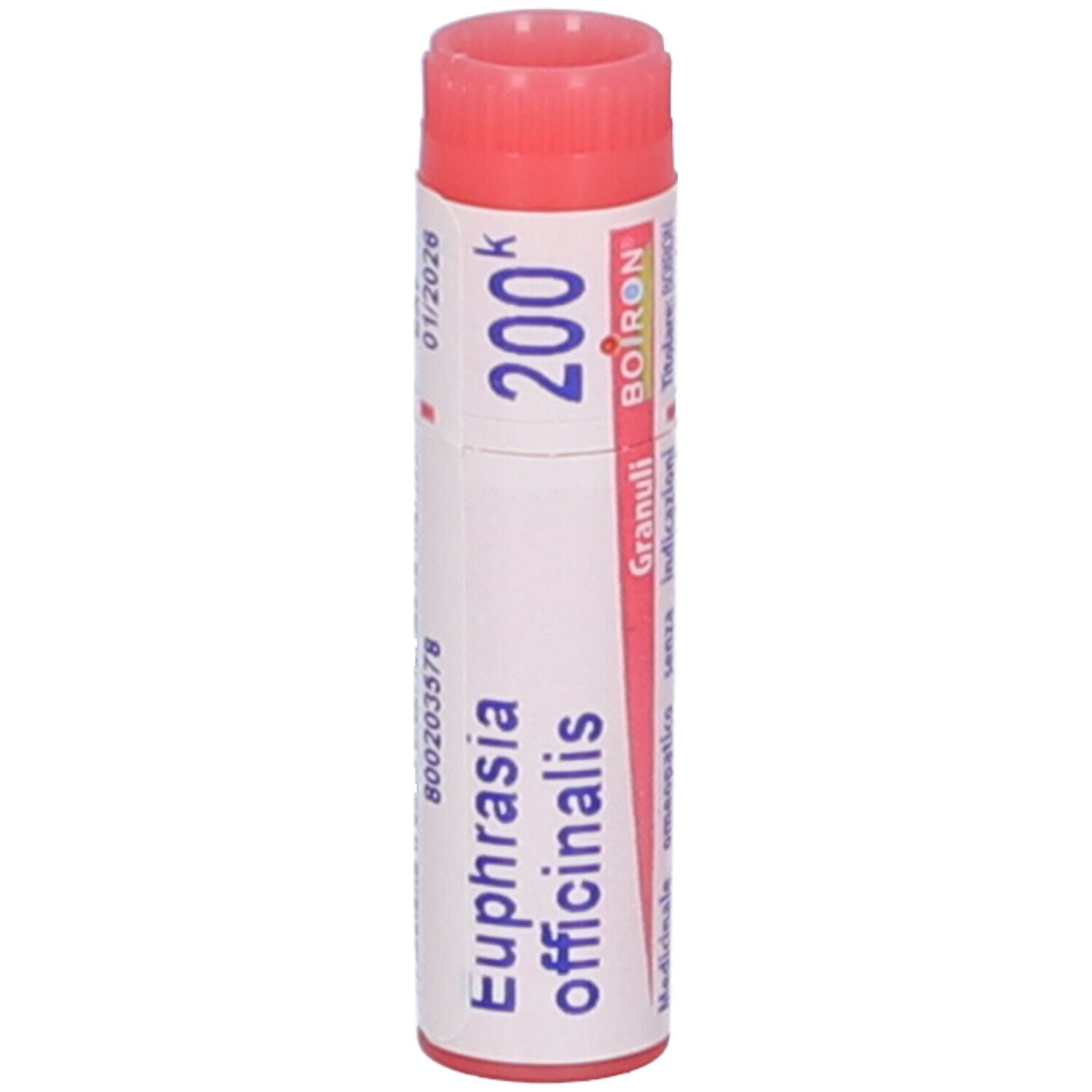 Confezione cilindrica con 'Euphrasia officinalis' e '200k'. Data di scadenza stampata 01/2026.