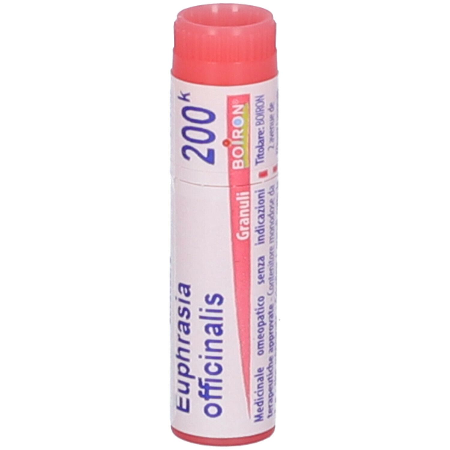 Confezione cilindrica con 'Euphrasia officinalis' e '200k'. Marchio Boiron. Tappo rosso.