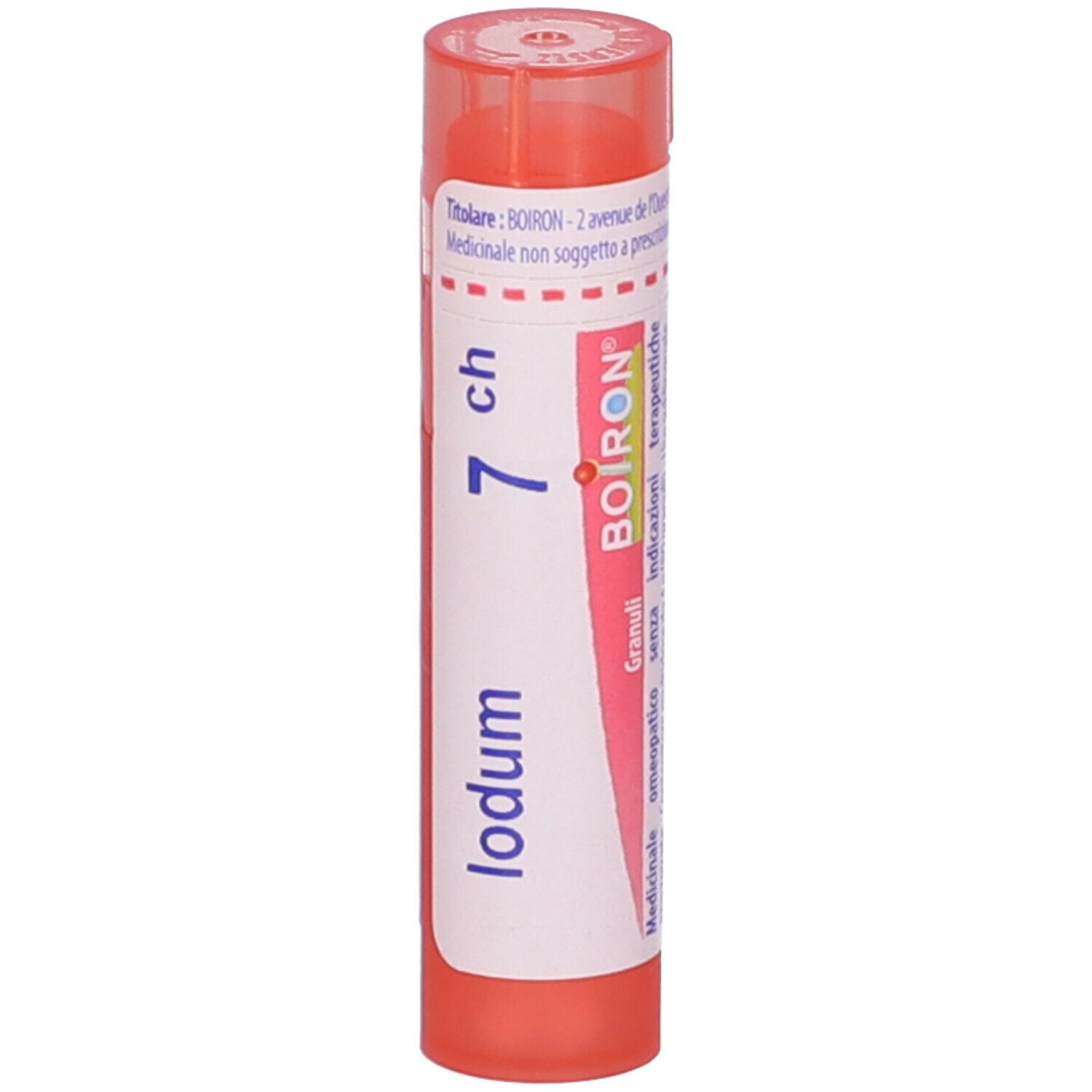 Confezione cilindrica con tappo rosa. Scritta: Iodum 7 ch, BOIRON. Codice a barre e altre informazioni.