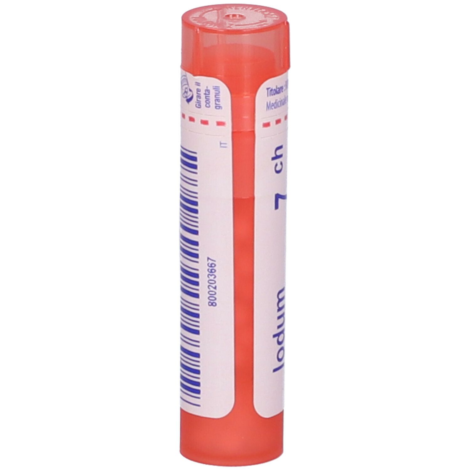 Confezione cilindrica con tappo rosa. Scritta: Iodum 7 ch. Codice a barre e altre informazioni.