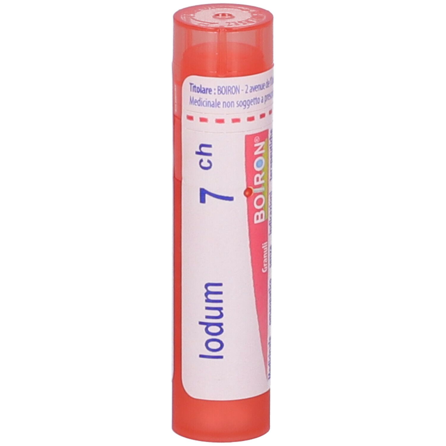 Confezione cilindrica con tappo rosa. Scritta: Iodum 7 ch, BOIRON, Granuli.