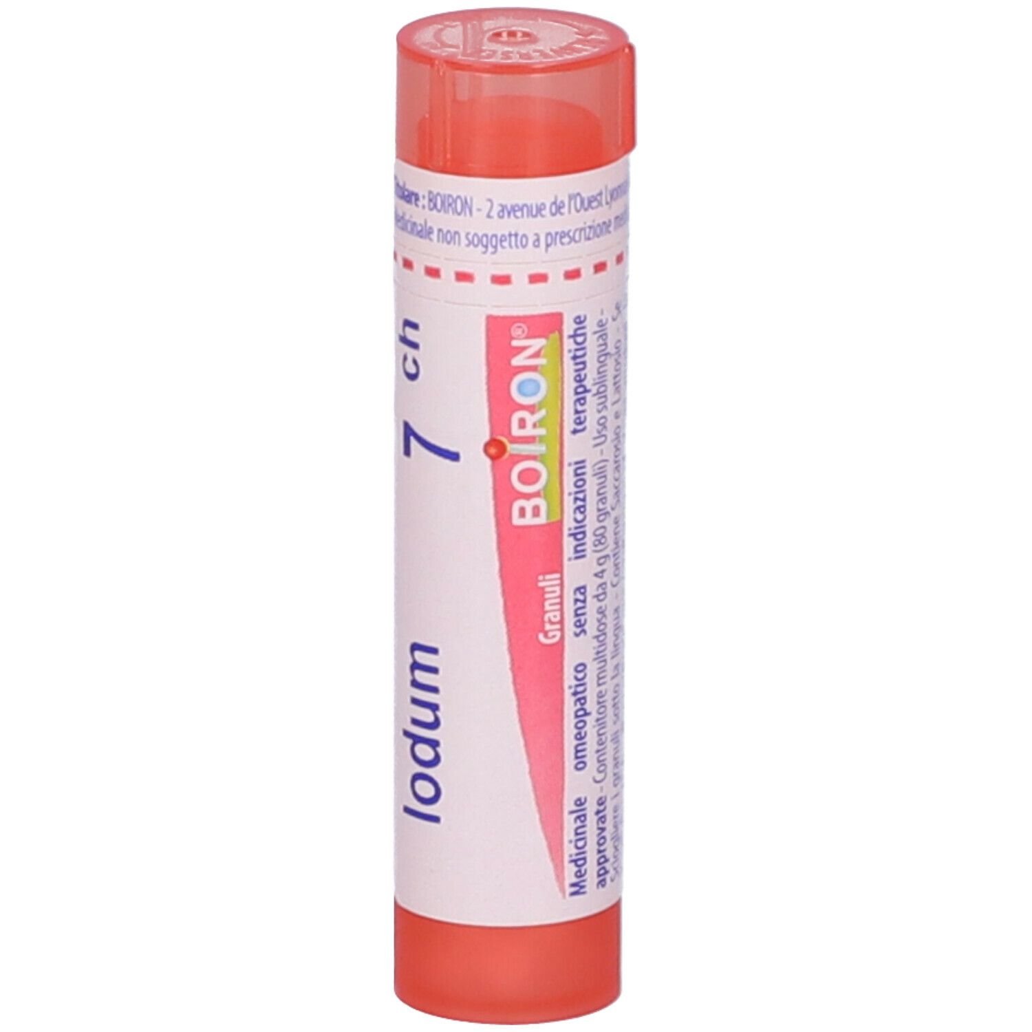 Confezione cilindrica con tappo rosa. Scritta: Iodum 7 ch, BOIRON, Granuli, Indicazioni.