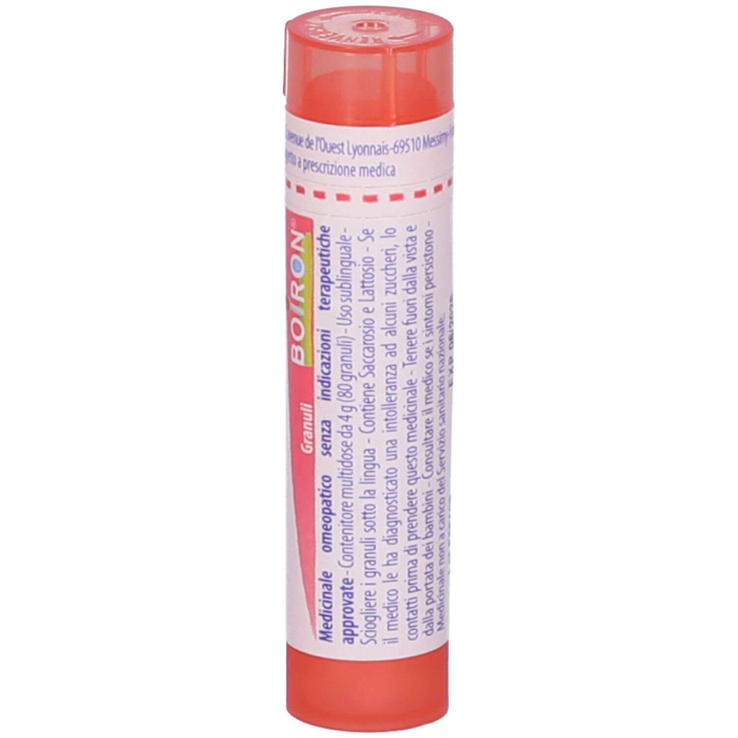Confezione cilindrica con tappo rosa. Scritta: Iodum 7 ch, BOIRON, Granuli, Indicazioni, senza zucchero.