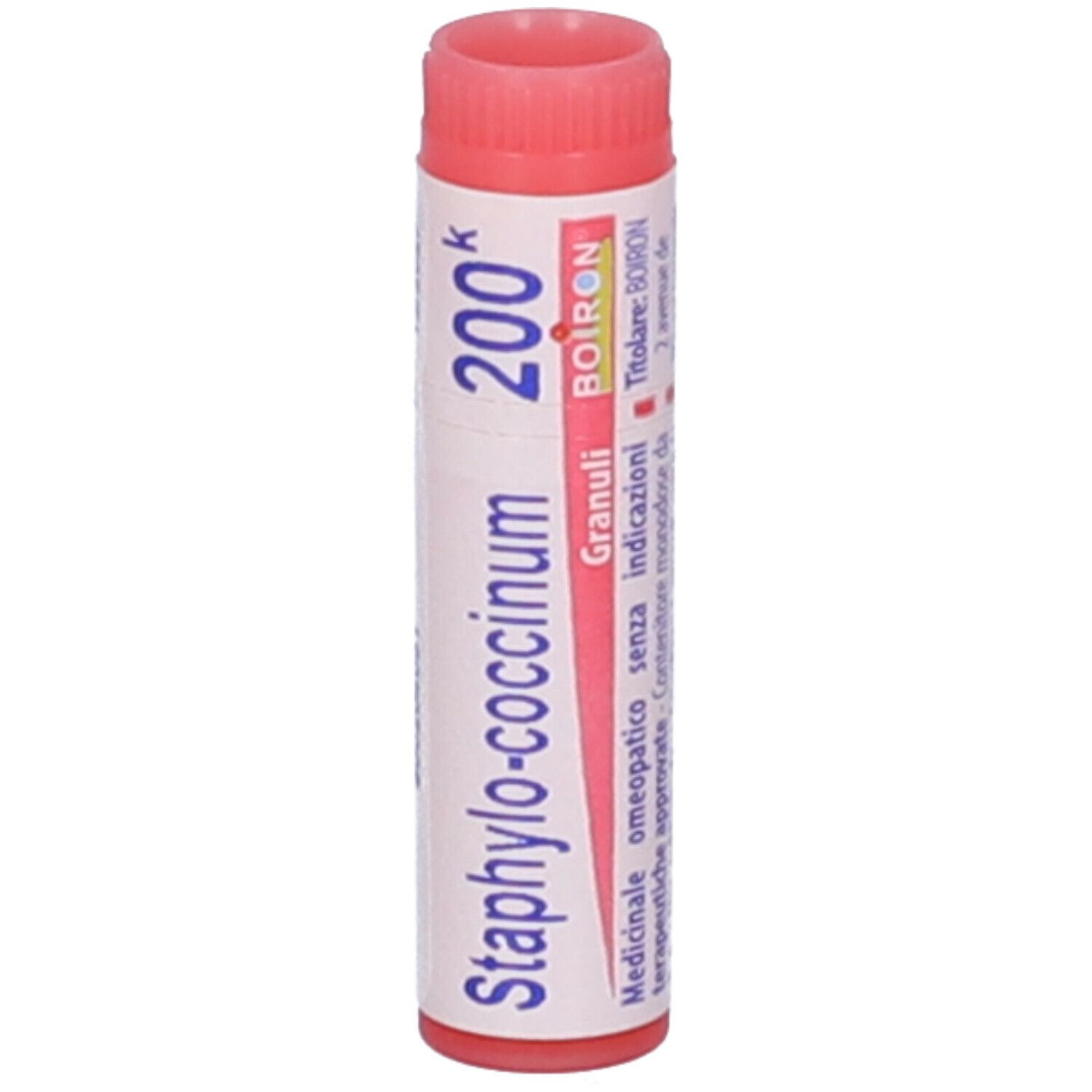 Confezione cilindrica con tappo rosso. Scritta: Staphylococcinum 200K, Granuli, Boiron. Ulteriori informazioni.