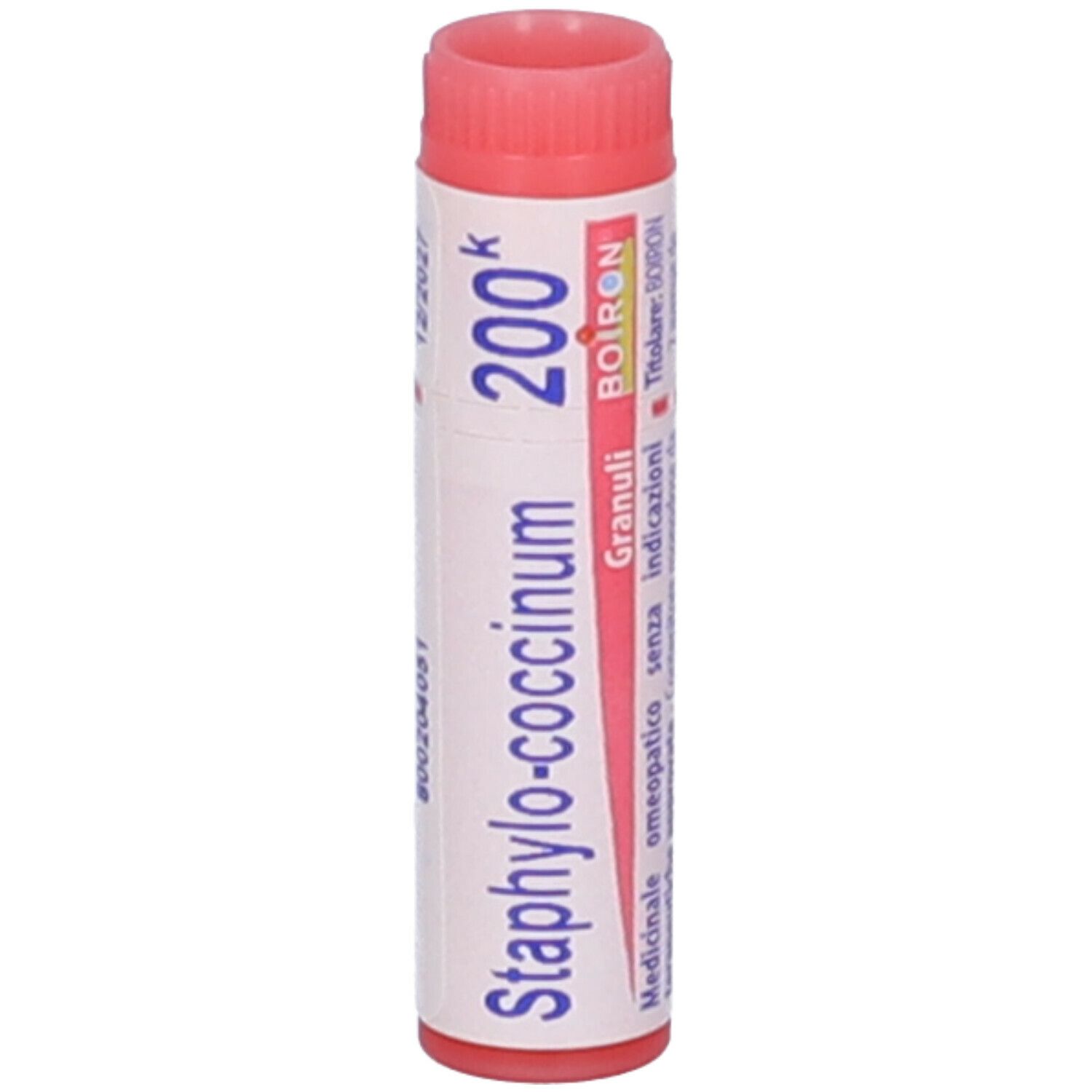 Confezione cilindrica con tappo rosso. Scritta: Staphylococcinum 200K, Granuli, Boiron. Ulteriori informazioni.