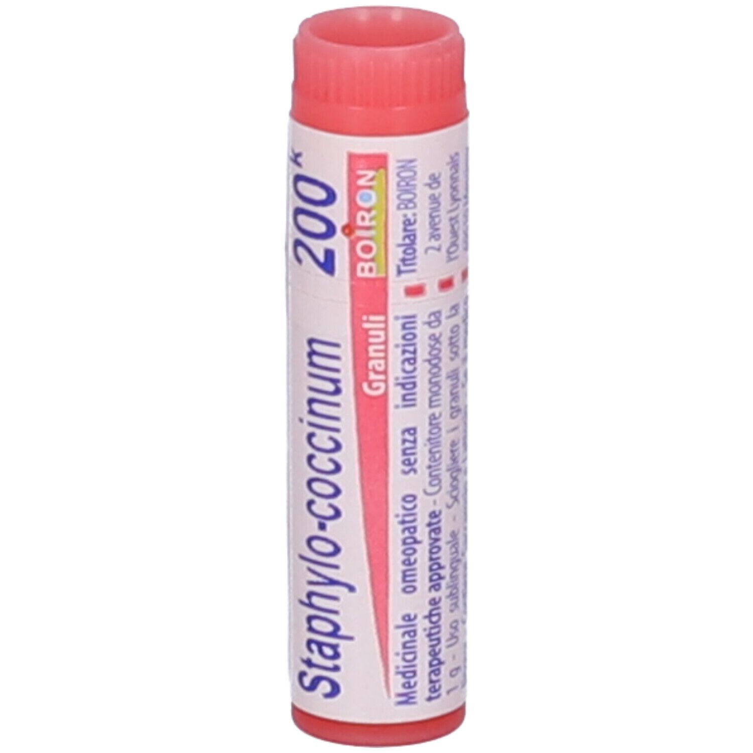 Confezione cilindrica con tappo rosso. Scritta: Staphylococcinum 200K, Granuli, Boiron. Indirizzo.