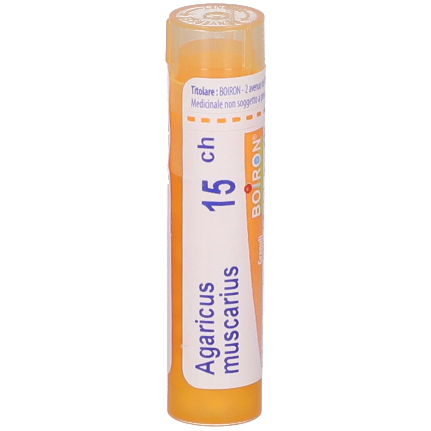 Confezione cilindrica, Agaricus muscarius 15 ch, marchio Boiron. Etichetta giallo-bianca, vista verticale.